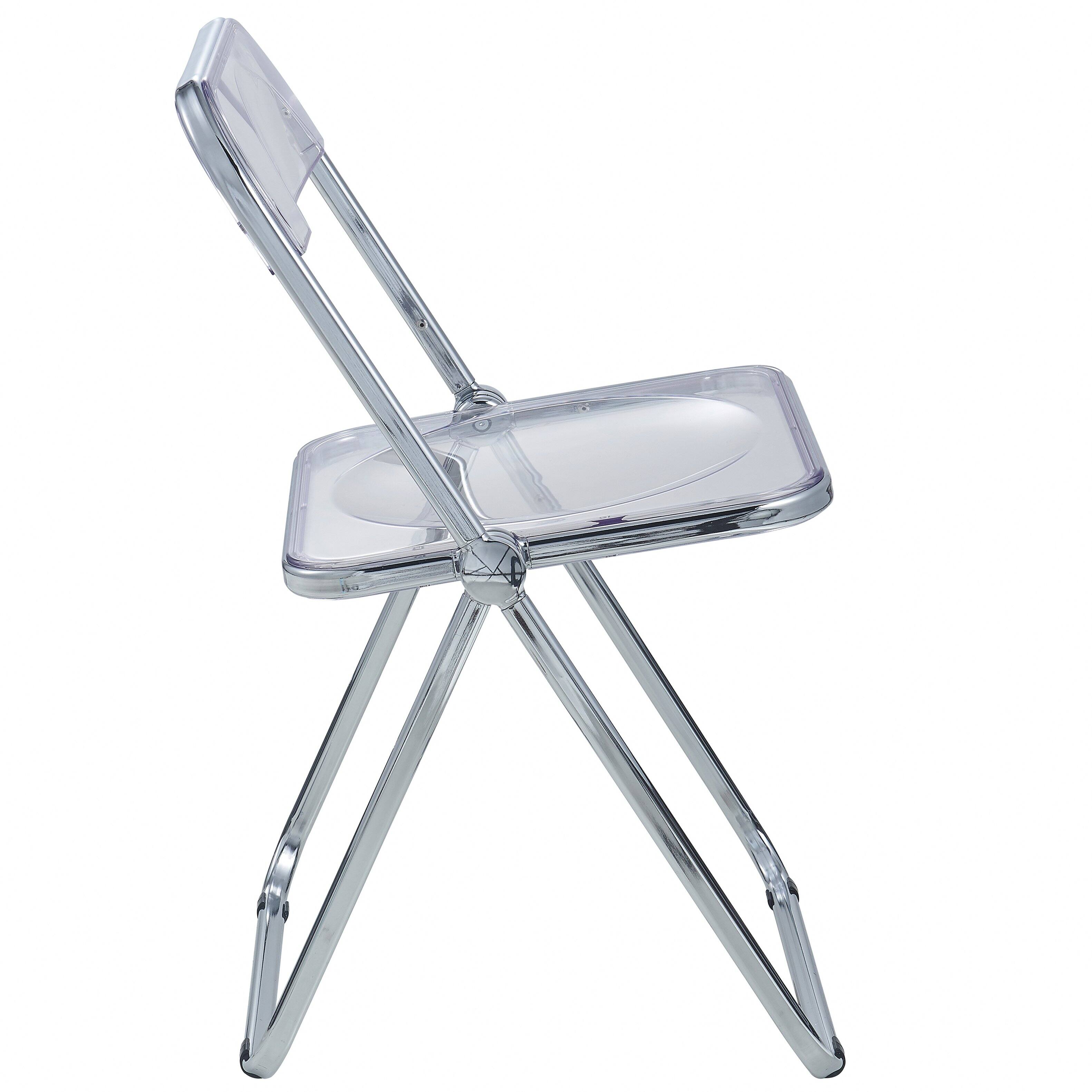 Alt View 4. LeisureMod - Lawrence Modern Clear Acrylic Folding Chair with Chrome Steel Frame, Fully Assembled Portable Dining Seat - Clear.
