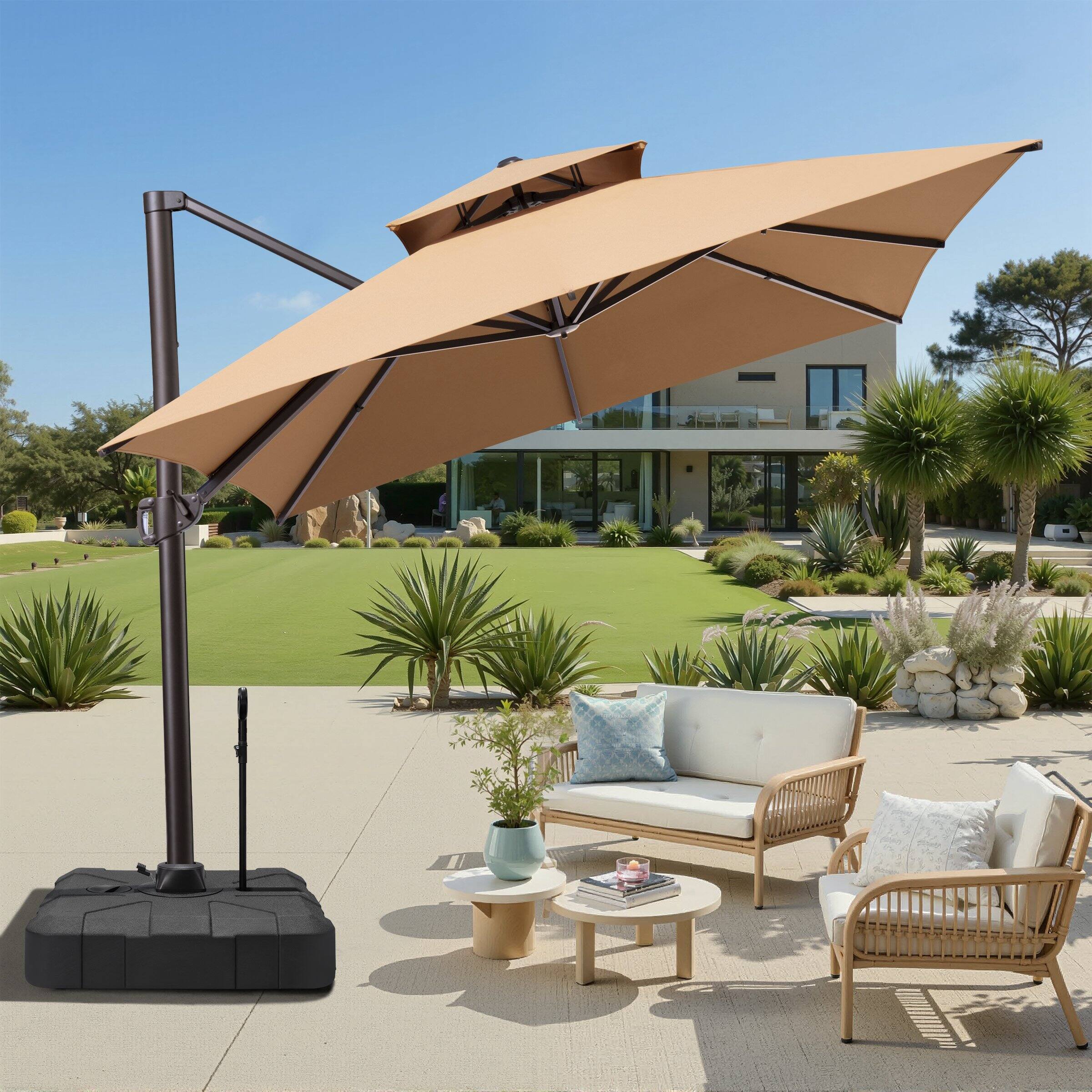 Back. Crestlive Products - Crestlive Products 10x13ft Aluminum Double Top Crank Cantilever Patio Umbrella with Base - Brown.