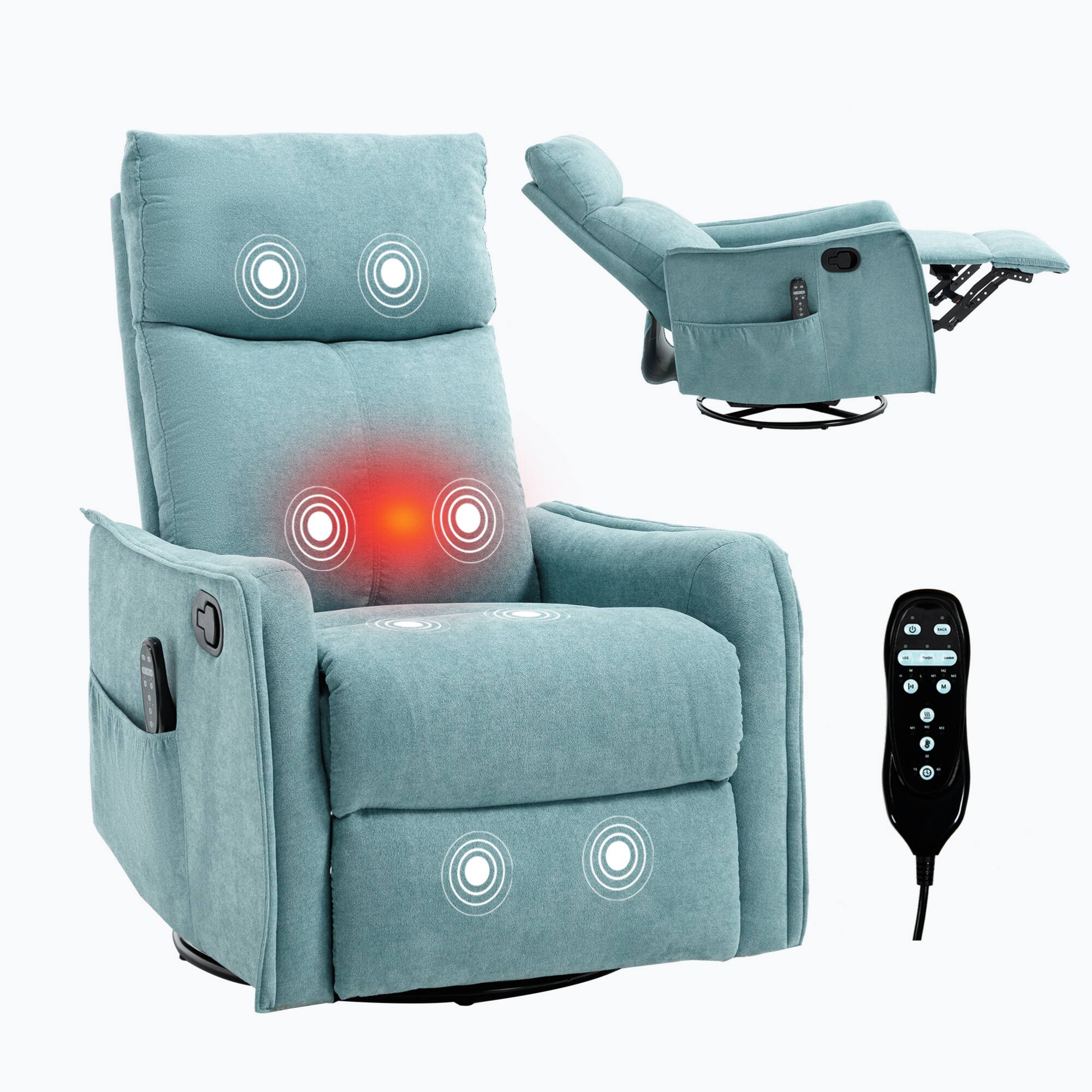 Alt View 9. GOODSILO - Fabric Recliner Chair with Heat Massage, Rocker, and Swivel Functionality for Ultimate Living Room Comfort - Antique Blue Green.