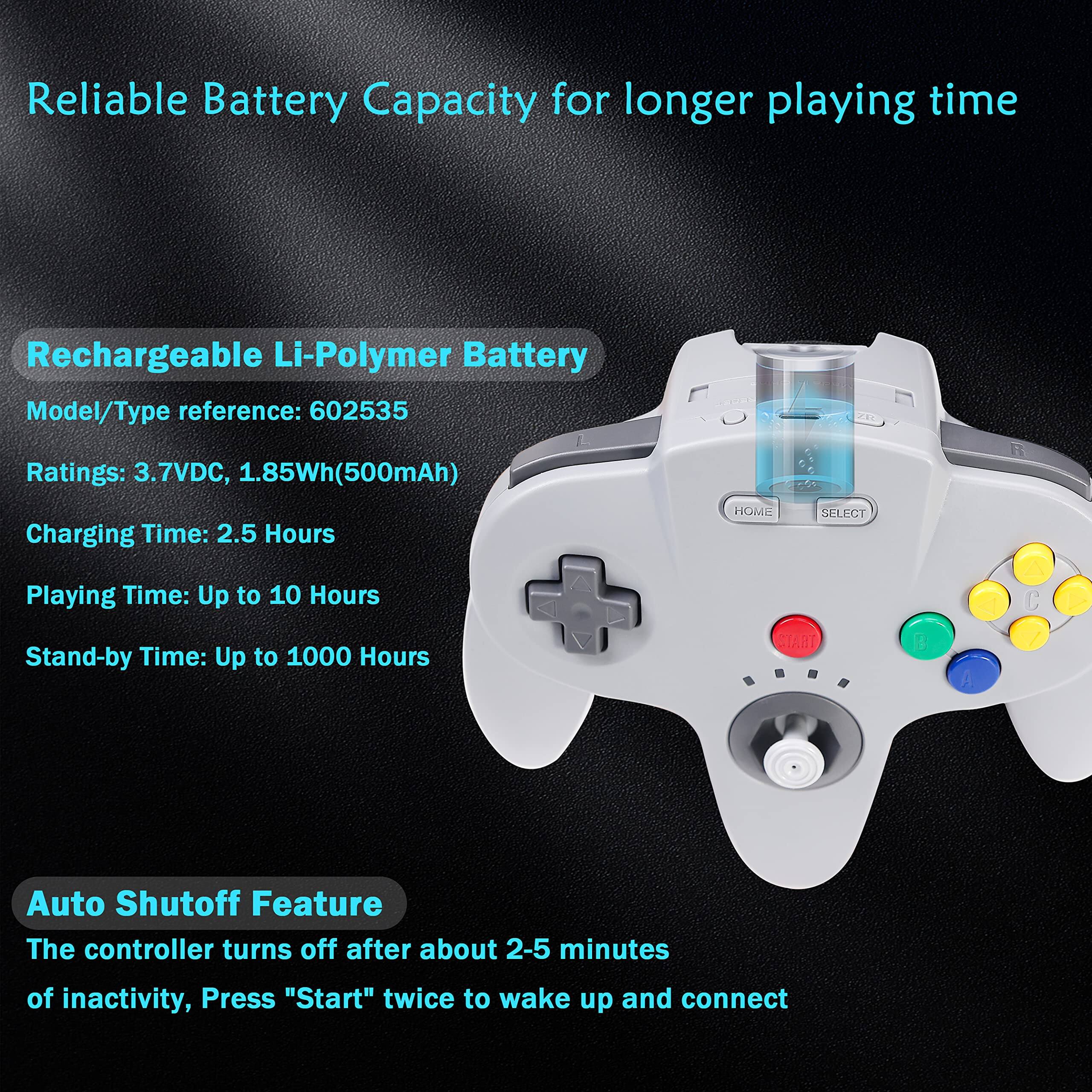 Reliable Battery Capacity for longer playing time

Rechargeable Li-Polymer Battery  
Model/Type reference: 602535  
Ratings: 3.7VDC, 1.85Wh(500mAh)  
Charging Time: 2.5 Hours  
Playing Time: Up to 10 Hours  
Stand-by Time: Up to 1000 Hours  

Auto Shutoff Feature  
The controller turns off after about 2-5 minutes of inactivity, Press "Start" twice to wake up and connect