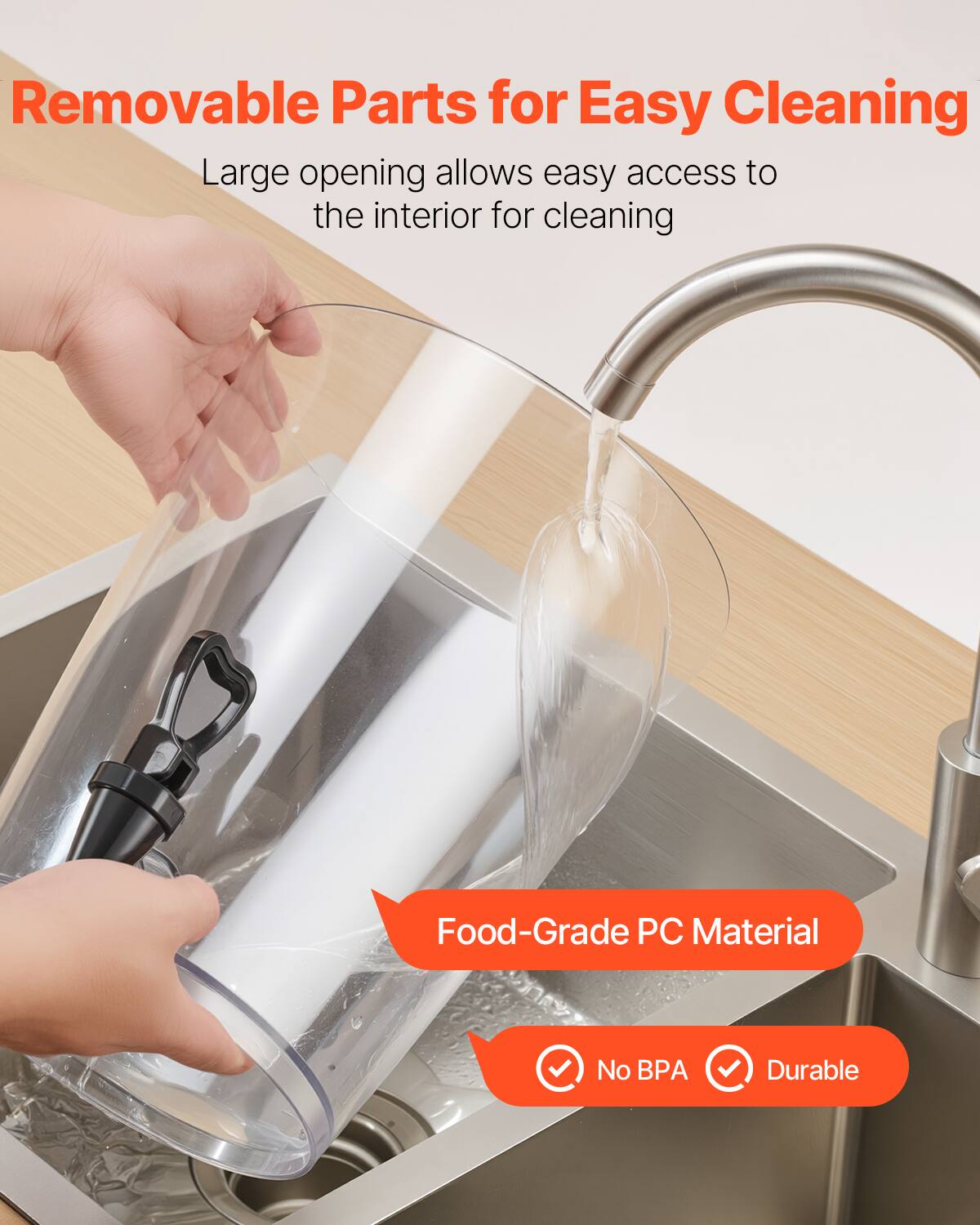 Removable Parts for Easy Cleaning  
Large opening allows easy access to the interior for cleaning  

Food-Grade PC Material  
No BPA  
Durable