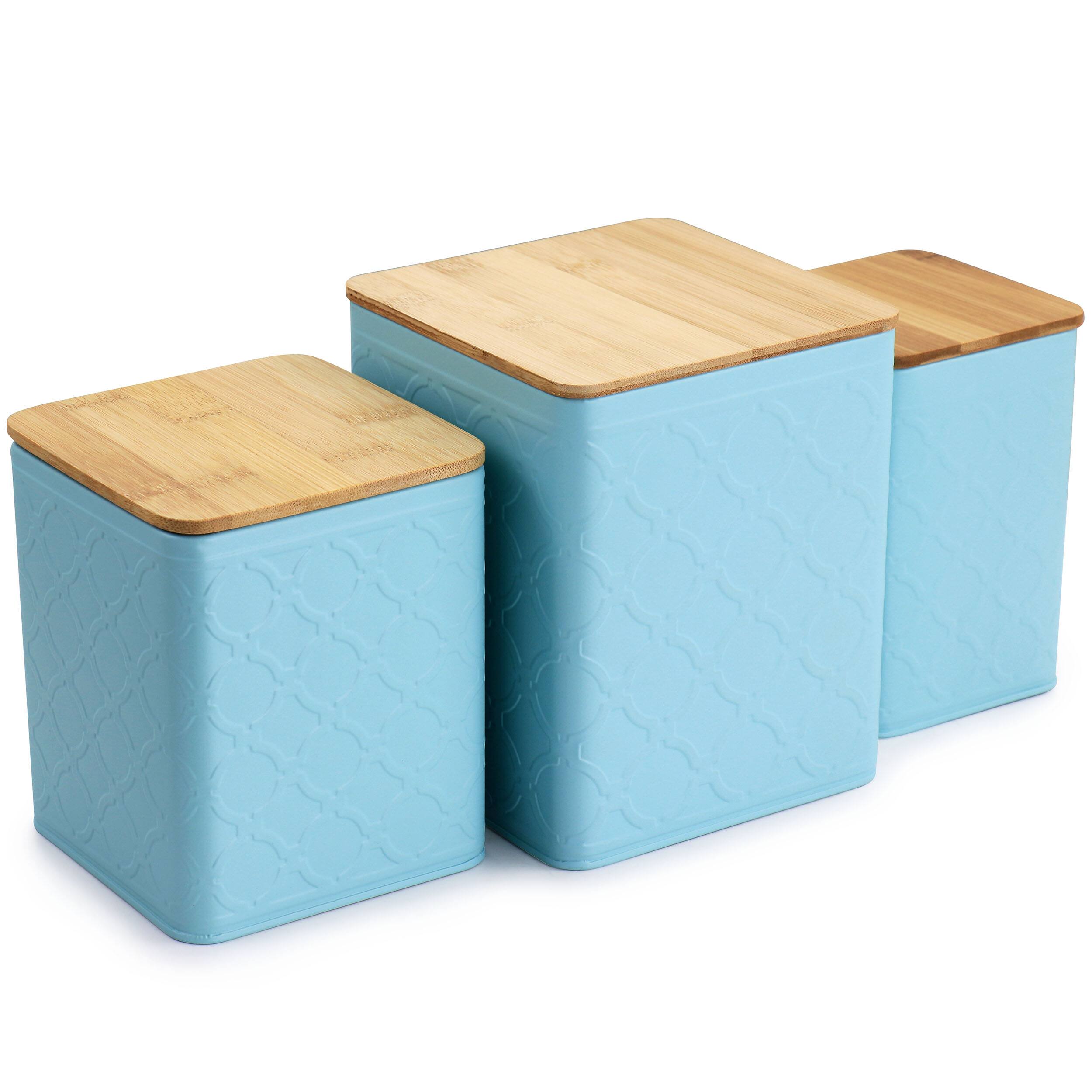 Angle. MegaChef - MegaChef 3 Piece Square Iron Kitchen Canister Set with Bamboo Lids in Turquoise - Blue.