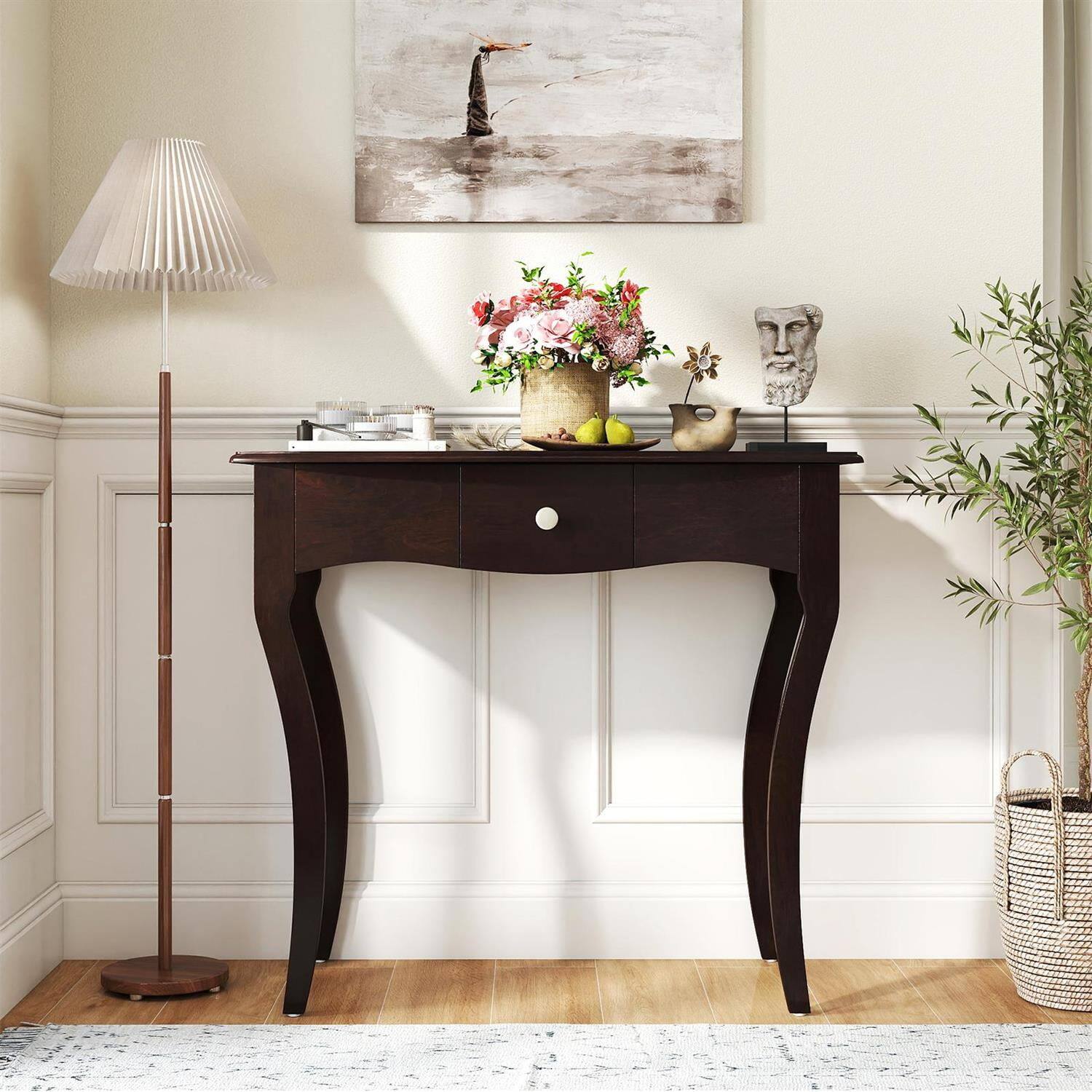 Alt View 2. Pefilos - Entryway Table with Drawer, Solid Wood Frame & Rubber Wood Legs, Espresso Brown - Brown.