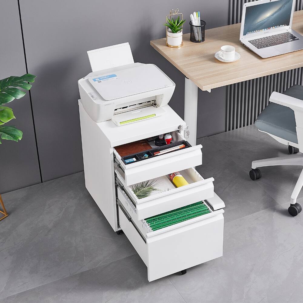 Left. Loheer - Loheer 3-Drawer Mobile Filing Cabinet White Metal File Cabinet with Lock Under Desk Storage for Legal Letter A4.