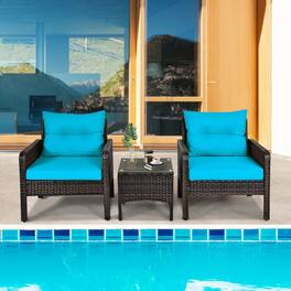 Mondawe - 3 Piece Outdoor Patio Rattan Conversation Set with Seat Cushions for Garden - Blue