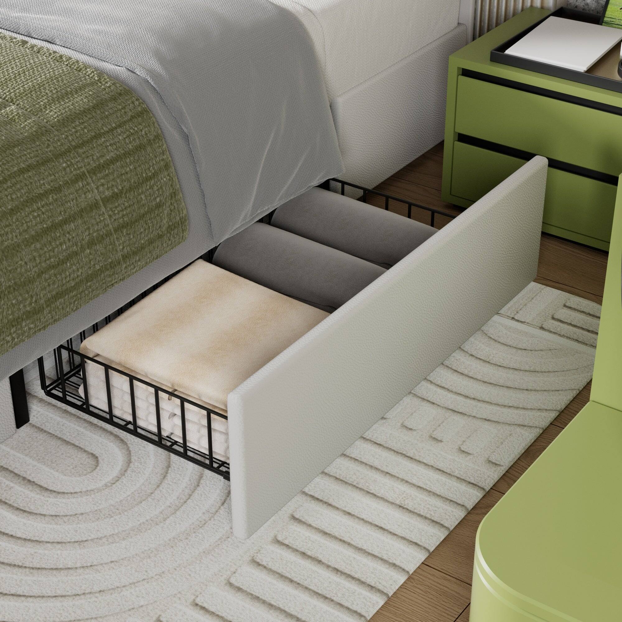 Alt View 2. Vecelo - Queen Bed Frame with Storage Drawers, Upholstered Faux Leather Platform Bed with Adjustable Headboard and Wood Slats - White.