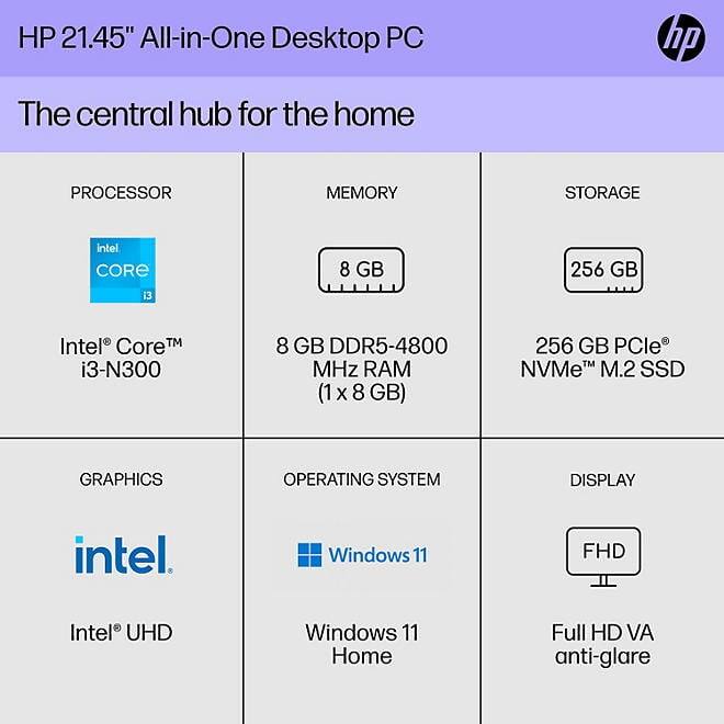 HP 21.45" All-in-One Desktop PC

The central hub for the home

PROCESSOR  
Intel® Core™ i3-N300

MEMORY  
8 GB DDR5-4800 MHz RAM (1 x 8 GB)

STORAGE  
256 GB PCIe® NVMe™ M.2 SSD

GRAPHICS  
Intel® UHD

OPERATING SYSTEM  
Windows 11 Home

DISPLAY  
Full HD VA anti-glare