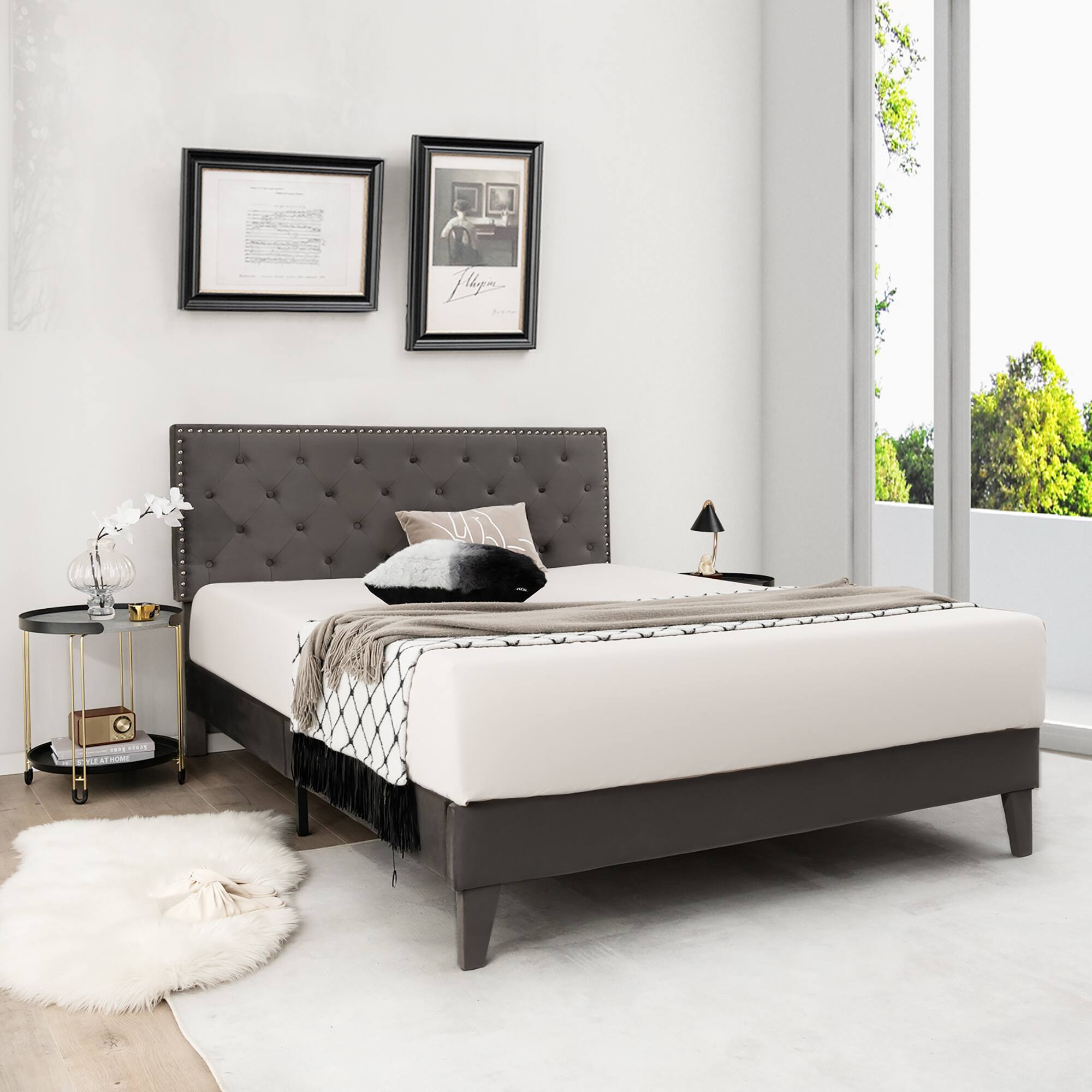 Alt View 5. Costway - Costway Queen Bed Frame Upholstered Platform Bed with Tufted Headboard Mattress Foundation - Grey.