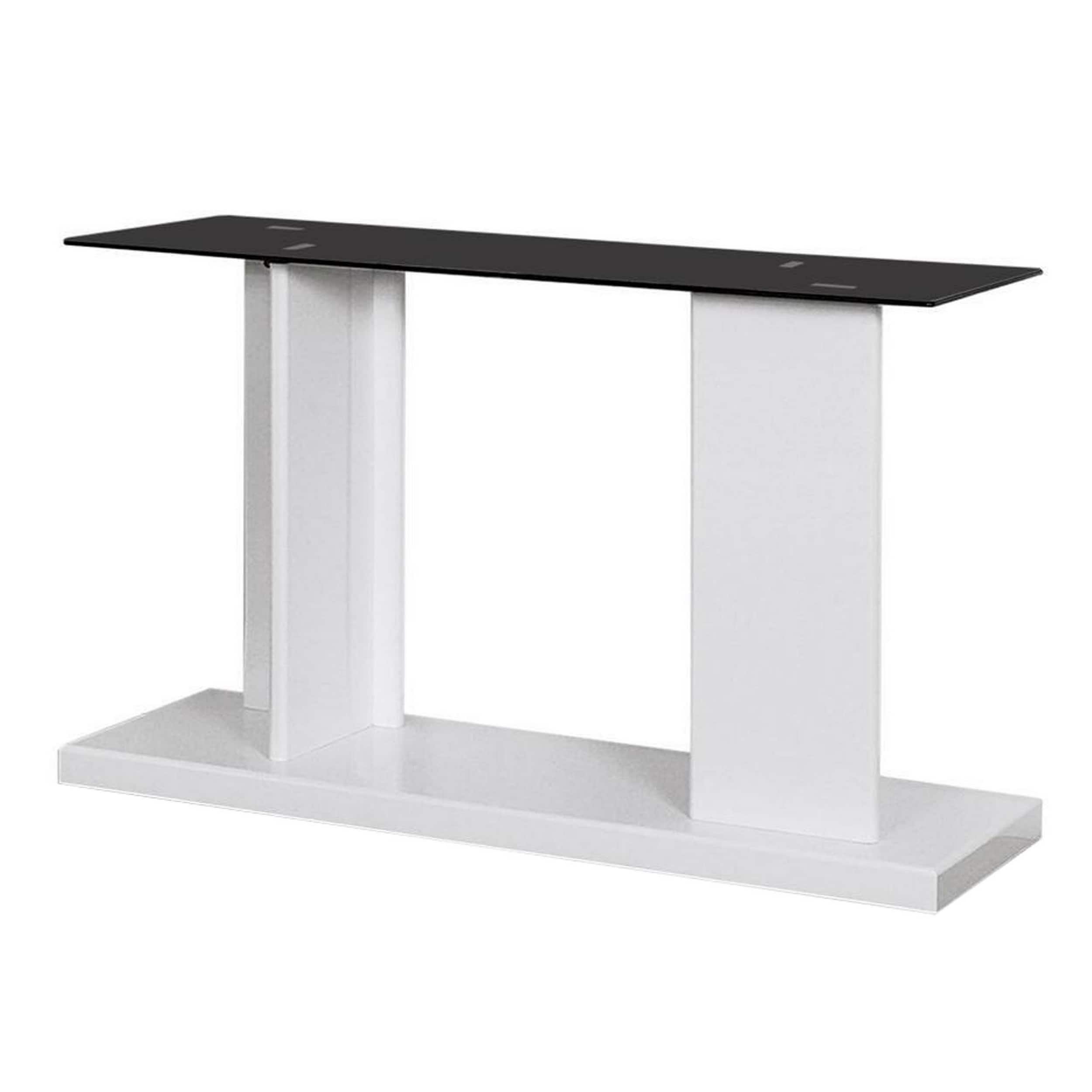 Manhattan Lane - Liam 47 Inch Sofa Console Table, White Wood, Pedestal Base, Black Glass Top - White, Black