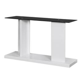 Manhattan Lane - Liam 47 Inch Sofa Console Table, White Wood, Pedestal Base, Black Glass Top - White, Black