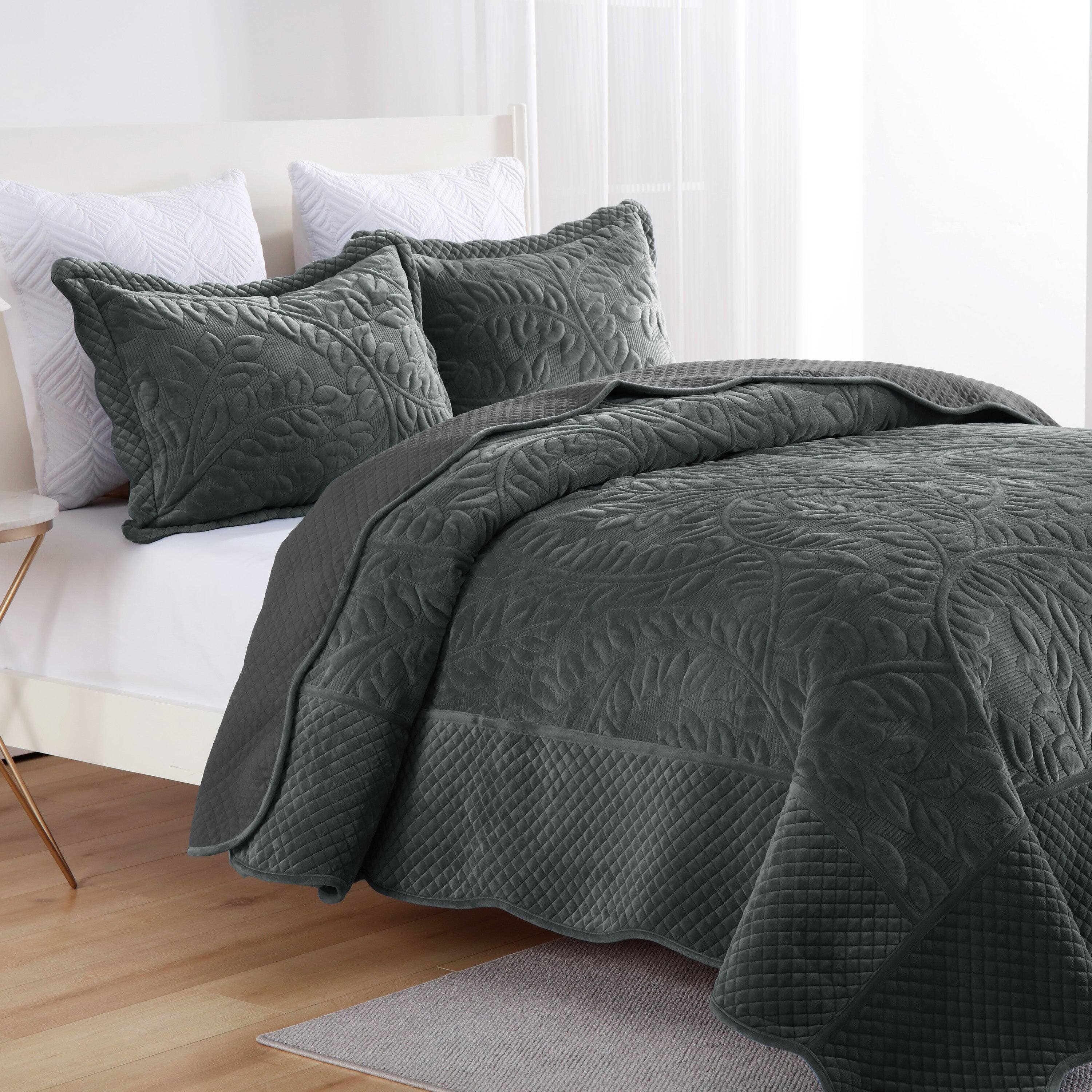 Left. MarCielo - Marcielo 3Pc Luxury Velvet Oversized Embroidery Soft and Plush Quilt Set - Dark Grey.