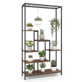 Kadyn - 6-Tier Tall Plant Stand 71 Inch Metal Indoor Plant Shelf with 10 Hanging Hooks, Wood+Metal, Rustic Brown