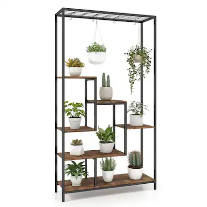 Front. Pefilos - 6-Tier Tall Plant Stand, 71 Inch Metal Plant Shelf with 10 Hanging Hooks for Indoor and Outdoor, Brown - Brown.