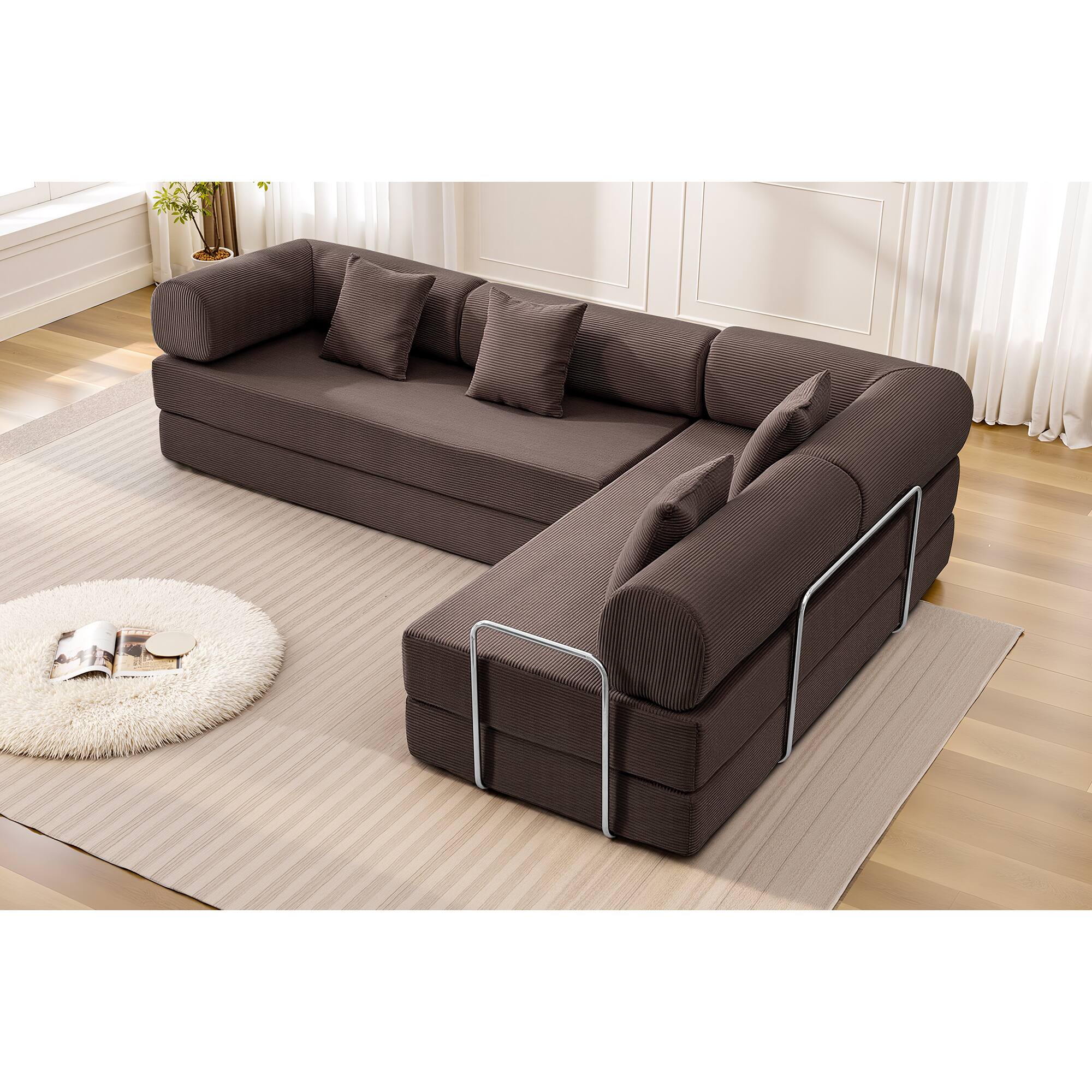 Front. KERDOM - L-Shaped Corduroy Couch Chaise Lounge, 78'' Foldable Sofa Bed 2pcs Combined, Spliced Block Modular Sectional Sponge Sofa - Coffee.