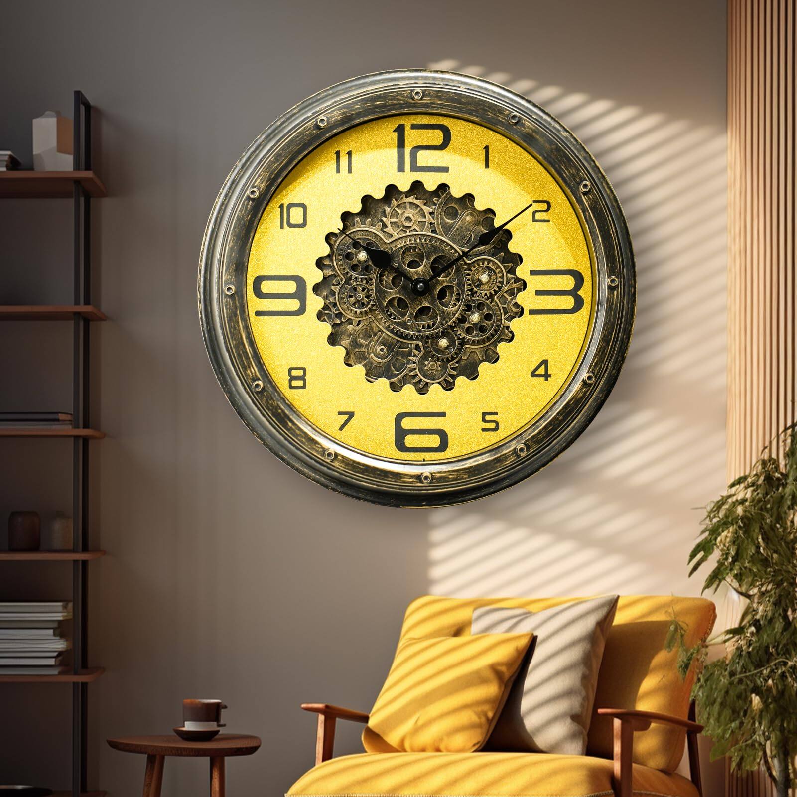 Angle. Dazzed Corner - 16 Inch Movable Gear Wall Clock - Bronze.
