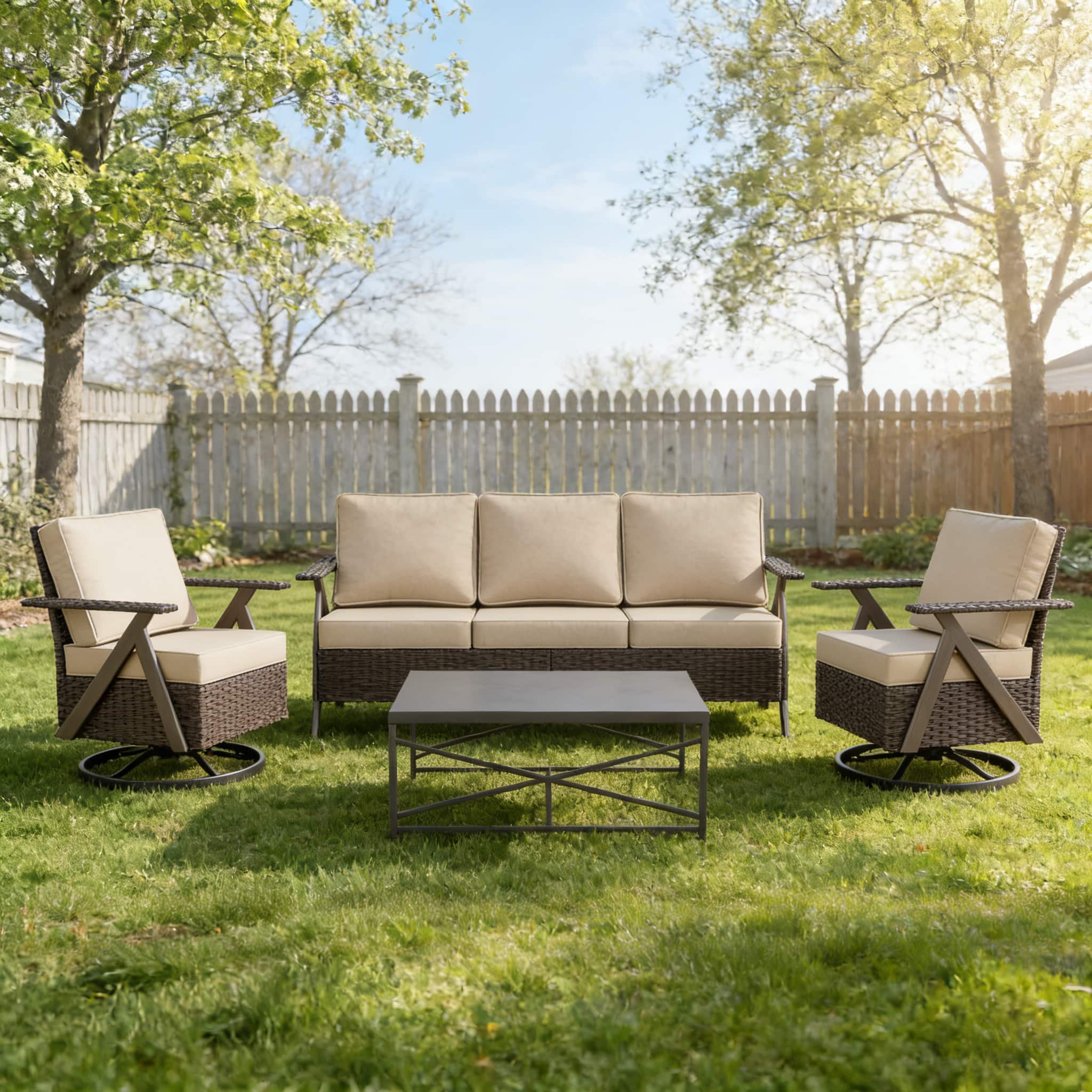 Bestier - Patio Furniture Set, Outdoor Conversation Set with Thick Cushion Sofa Loveseat Swivel Chairs Coffee Table for Backyard - Beige