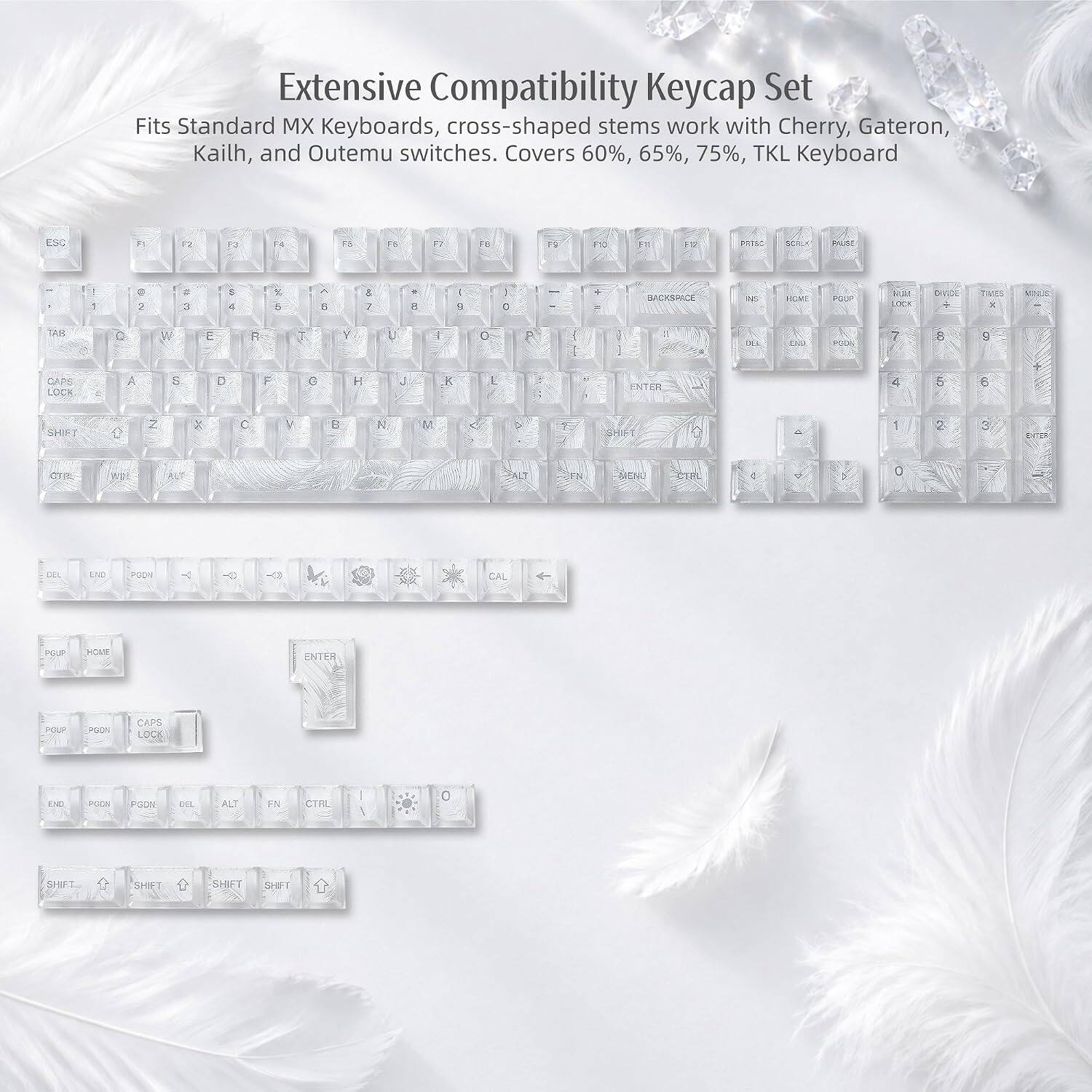Extensive Compatibility Keycap Set  
Fits Standard MX Keyboards, cross-shaped stems work with Cherry, Gateron, Kailh, and Outemu switches. Covers 60%, 65%, 75%, TKL Keyboard

ESC  
F1  
F2  
F3  
F4  
F5  
F6  
F7  
F8  
F9  
F10  
F11  
F12  
PRTSC  
SCRLK  
PAUSE  

1  
2  
3  
4  
5  
6  
7  
8  
9  
0  
-  
=  
BACKSPACE  

TAB  
Q  
W  
E  
R  
T  
Y  
U  
I  
O  
P  
[  
]  
\  

CAPS LOCK  
A  
S  
D  
F  
G  
H  
J  
K  
L  
;  
'  
ENTER  

SHIFT  
Z  
X  
C  
V  
B  
N  
M  
,  
.  
/  

SHIFT  
CTRL  
ALT  
FN  
DEL  
PGDN  
PGUP  
HOME  
END  
PGDN  
DEL  
ALT  
CTRL  
SHIFT  
SHIFT  
SHIFT