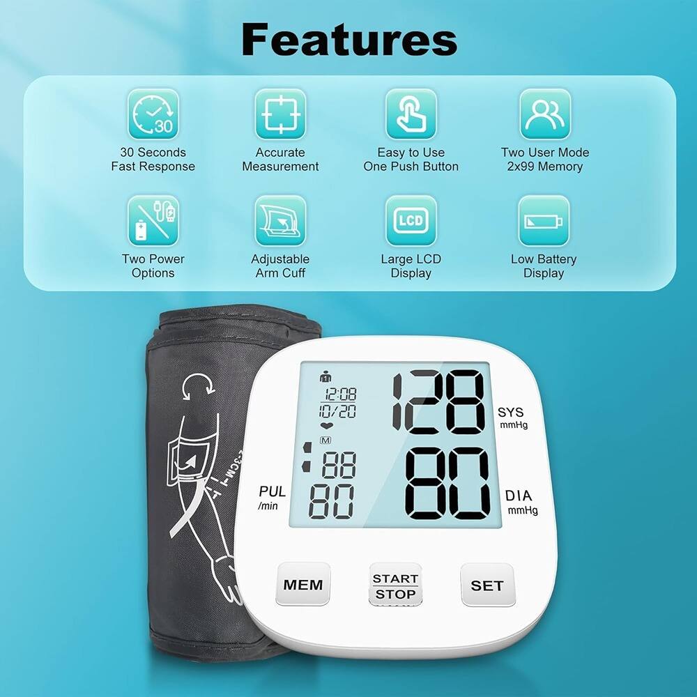 Features  
- 30 Seconds Fast Response  
- Accurate Measurement  
- Easy to Use One Push Button  
- Two User Mode 2x99 Memory  
- Two Power Options  
- Adjustable Arm Cuff  
- Large LCD Display  
- Low Battery Display  

PUL /min  
12:08  
10/20  
88  
80  

SYS mmHg  
128  
80  

DIA mmHg  
80  

START STOP  
SET  
MEM