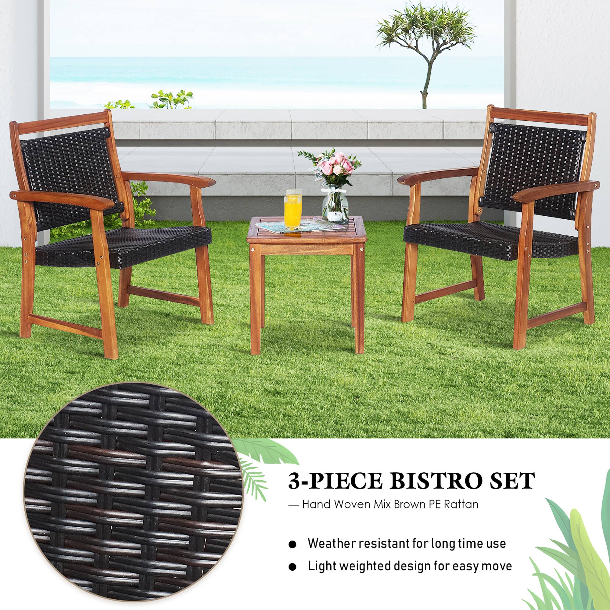 3-PIECE BISTRO SET  
Hand Woven Mix Brown PE Rattan  
Weather resistant for long time use  
Light weighted design for easy move