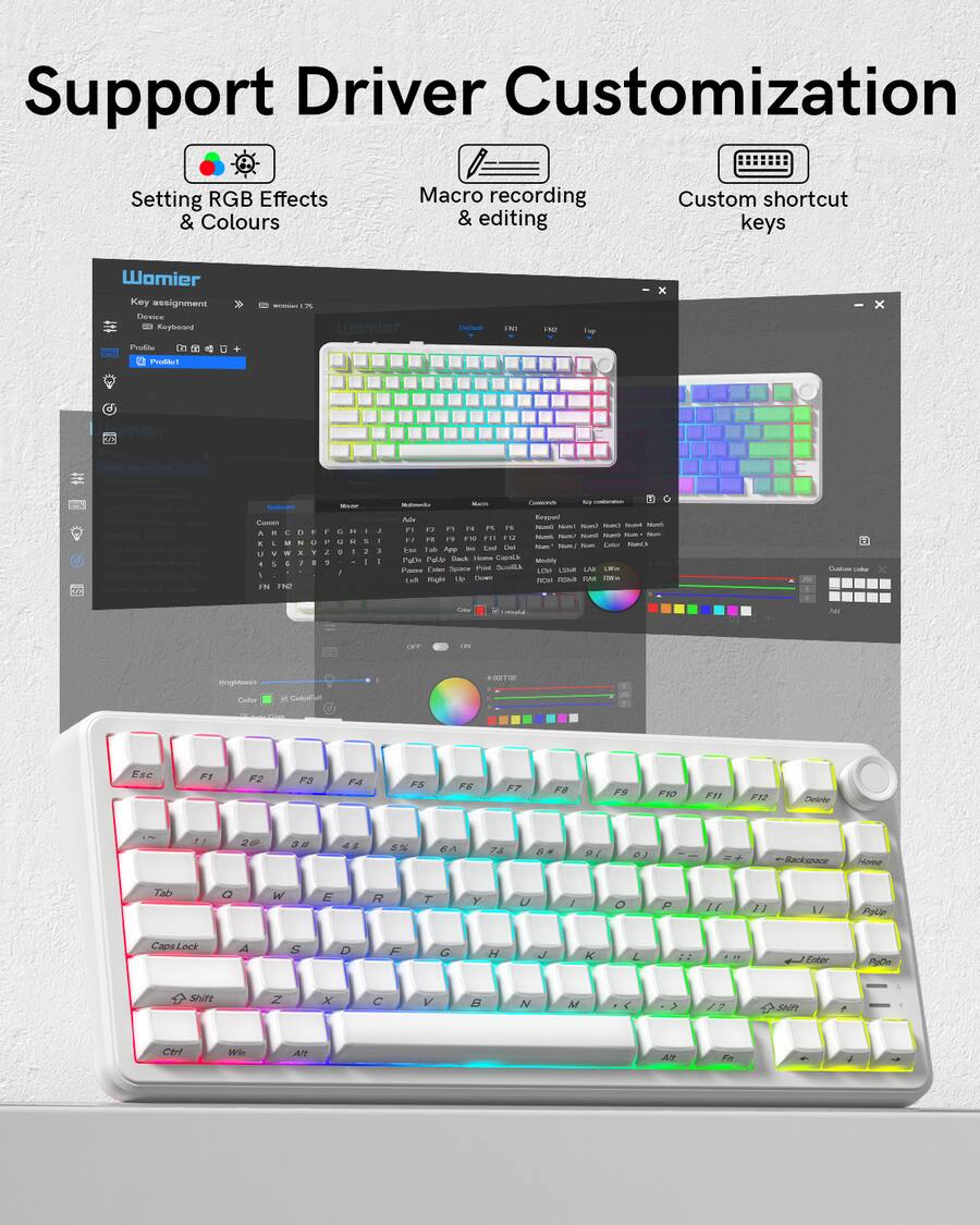 Womier L75 Wireless Mechanical Keyboard with Knob, 75% Hot Swappable ...