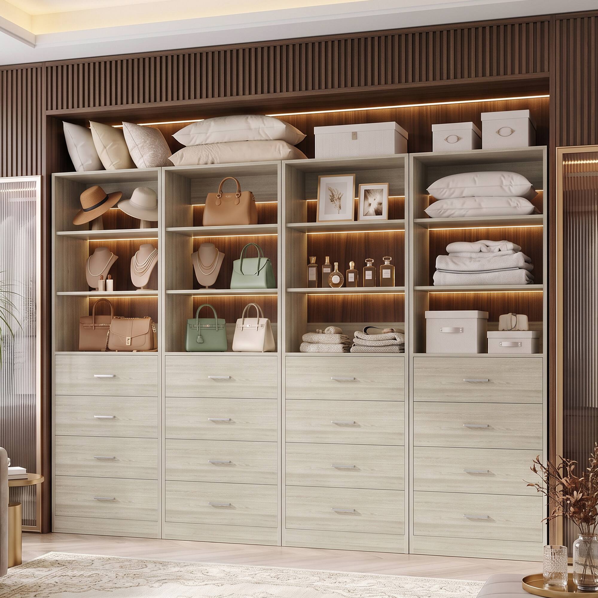 Front. Aheaplus - 7.1FT Freestanding Closet Organizer System 4-Piece Set, with 12 Wooden Drawers and 8 Shelves, Easy Assembly - Beige Oak.