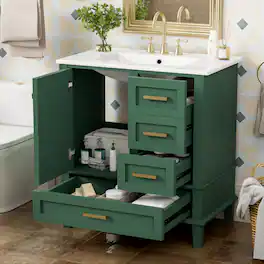 JUJABU - 30" Bathroom Vanity Cabinet with Ceramic Sink Combo Set - Green