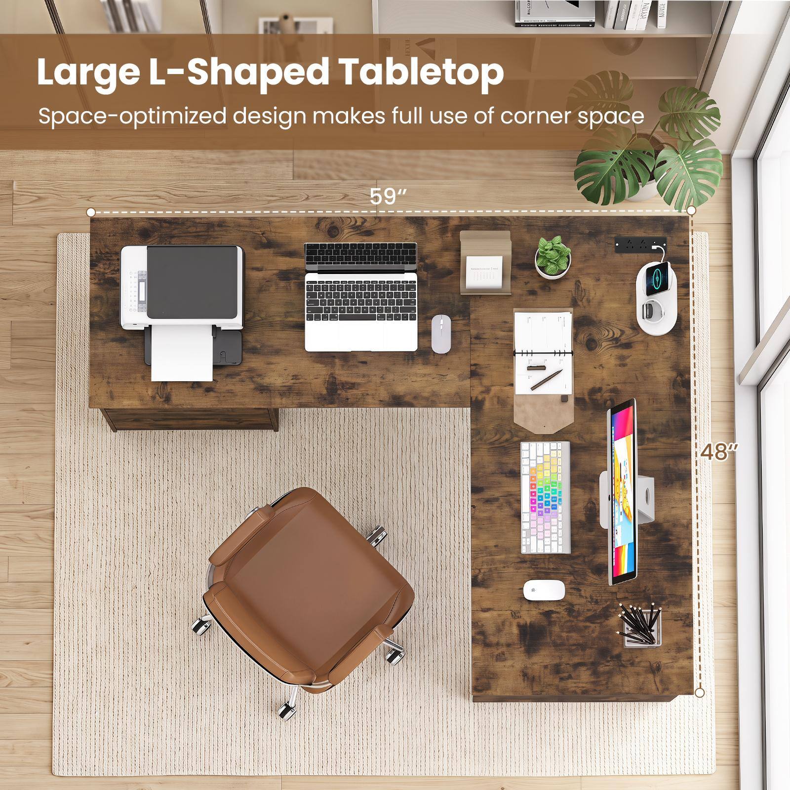 Large L-Shaped Tabletop  
Space-optimized design makes full use of corner space  
59"  
48"