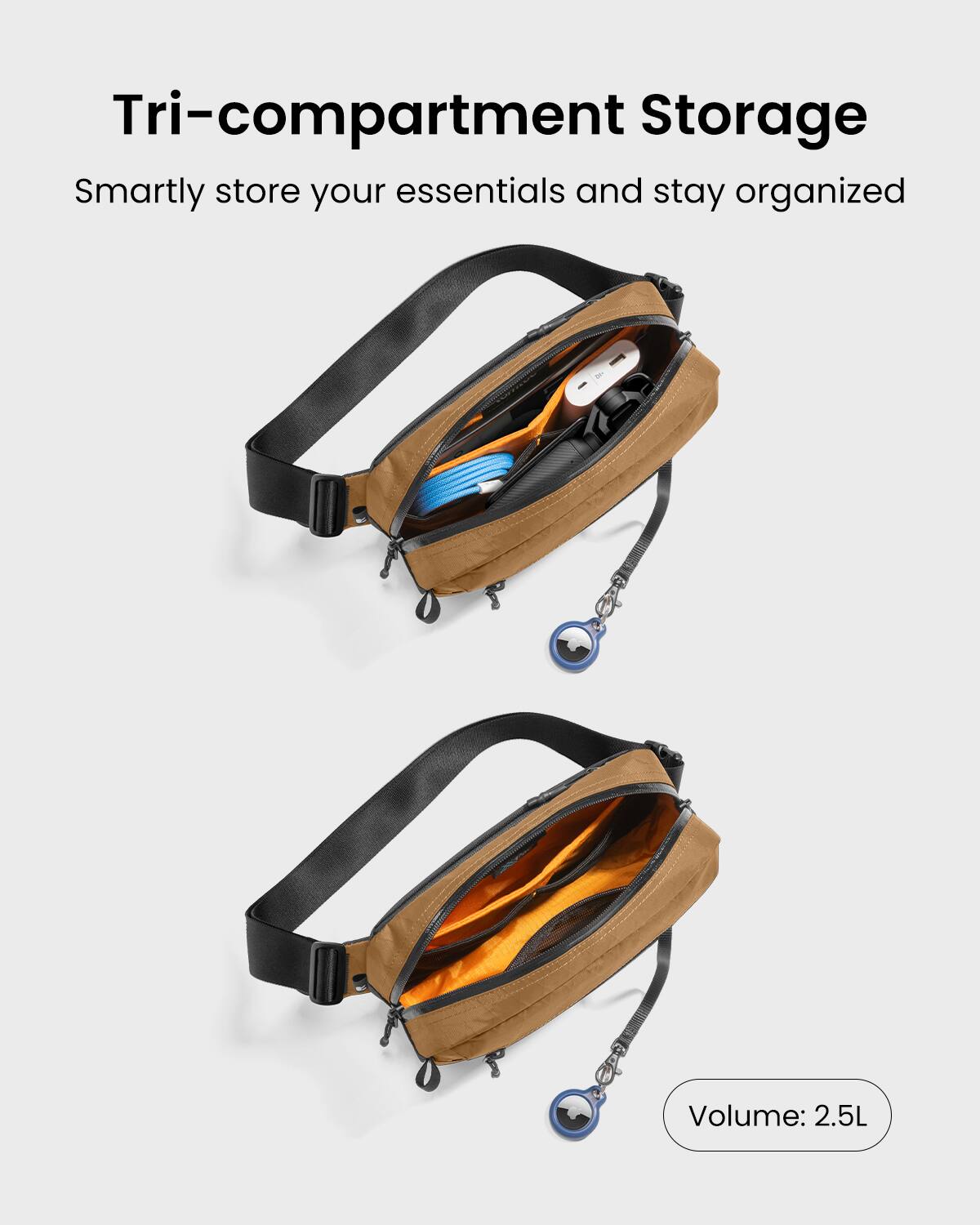 The text on the image reads: "Tri-compartment Storage Smartly store your essentials and stay organized Volume: 2.5L."