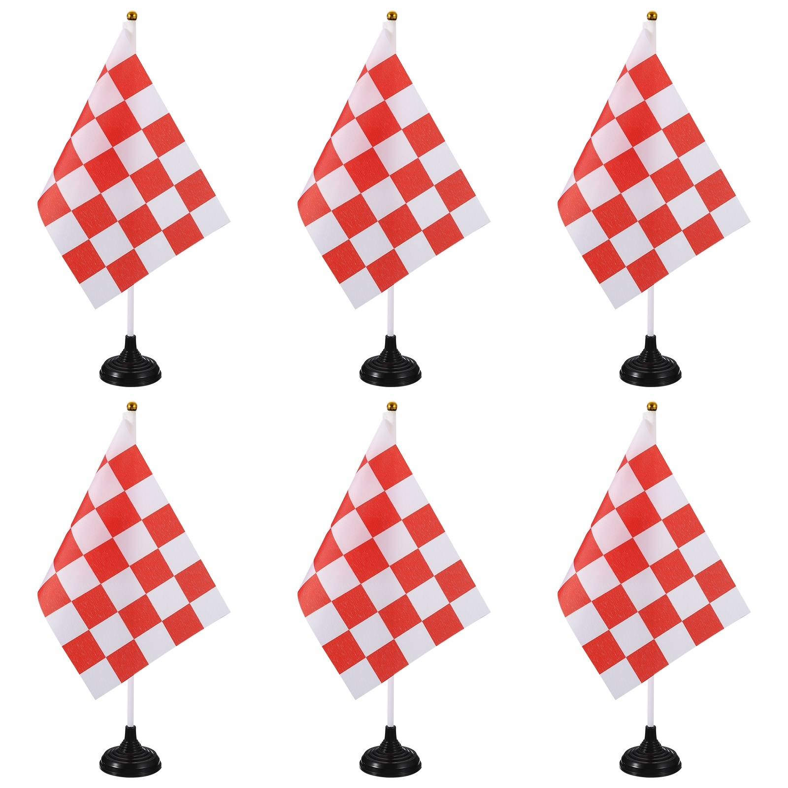 Unique Bargains - 6pcs 12" R/W Checkered Table Flag for Racing/Sport Party, White Plastic Stick & Black Round Base - Red and White Flag, Black Base