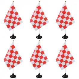 Unique Bargains - 6pcs 12" R/W Checkered Table Flag for Racing/Sport Party, White Plastic Stick & Black Round Base - Red and White Flag, Black Base