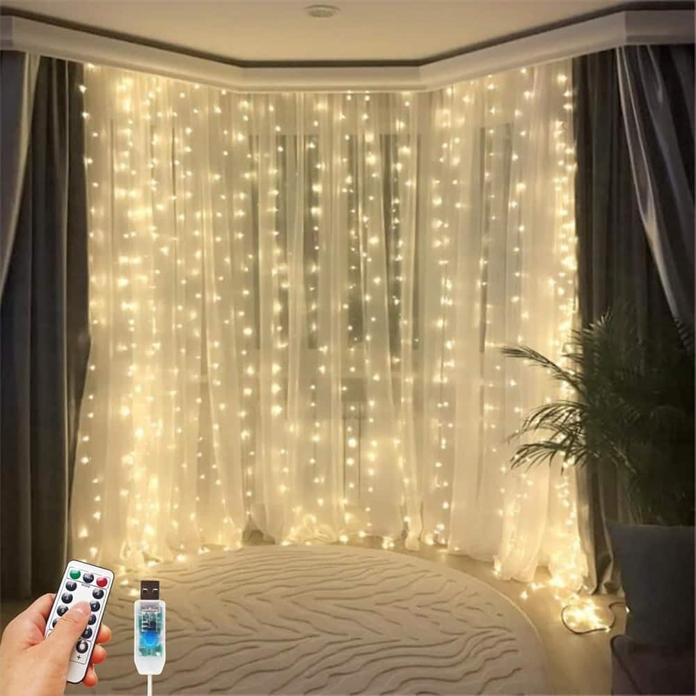 MOSZAR LLC - Warm White 300-LED Fairy Curtain Lights, USB Powered, 9.8×9.8 ft