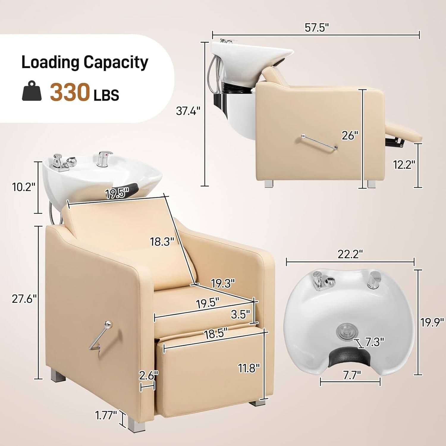 Sure, here is the corrected and grouped text:

- Loading Capacity: 330 LBS
- 57.5"
- 37.4"
- 26"
- 12.2"
- 10.2"
- 19.5"
- 18.3"
- 22.2"
- 27.6"
- 19.3"
- 19.5"
- 3.5"
- 18.5"
- 7.3"
- 19.9"
- 2.6"
- H 11.8"
- 7.7"
- 1.77"