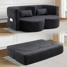 Trinkets Crazed - 79'' Oversized Folding Sofa Bed, Teddy Upholstered Folding Mattress Couch with Pillows - Black