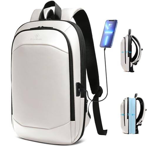 Live At Space - Business Backpack For Men 17 Inch Slim Expandable Waterproof Travel Laptop With Usb Port Anti theft Lightweight Large - White