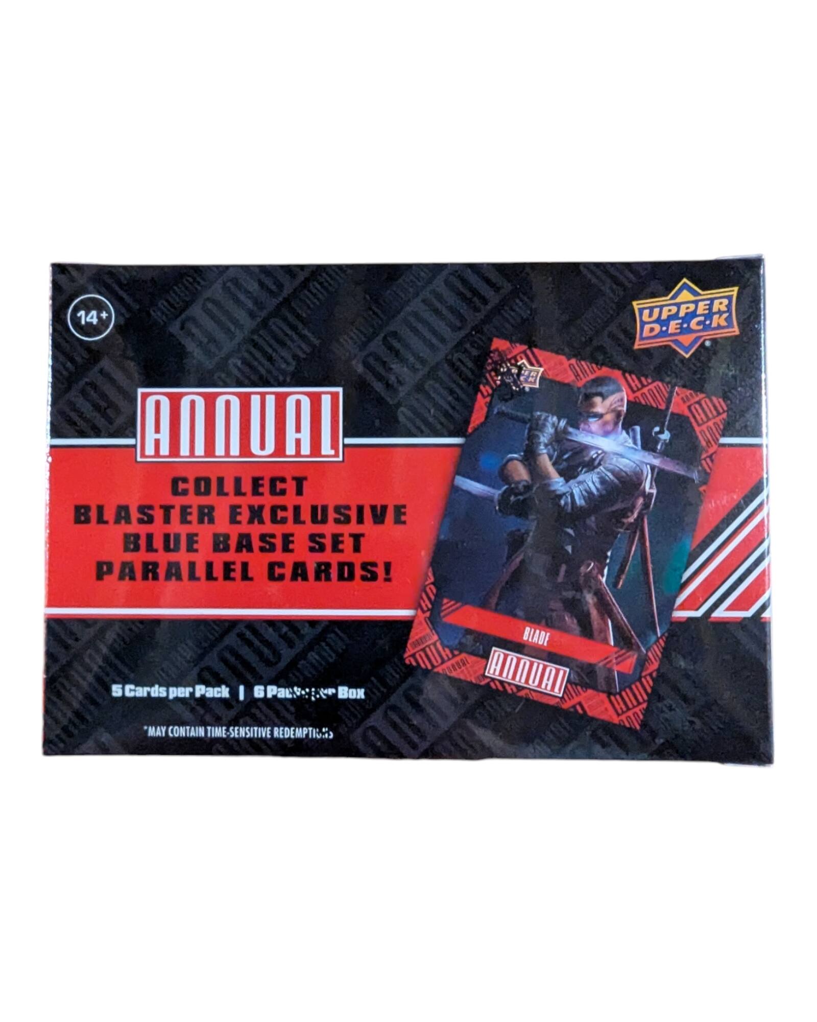 14+  
ANNUAL  
COLLECT BLASTER EXCLUSIVE BLUE BASE SET PARALLEL CARDS!  
5 Cards per Pack | 6 Packs per Box  
"MAY CONTAIN TIME-SENSITIVE REDEMPTION"