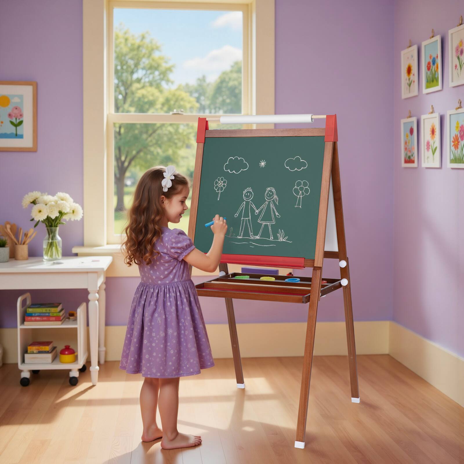Alt View 5. Sugift - 3-in-1 Wooden Adjustable Kids Easel with Magnetic Board, Paper Roll & Art Supplies - Brown.