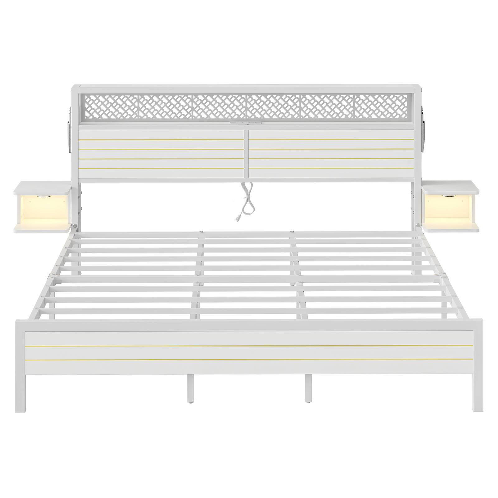 Angle. Bestier - Bestier King Bed Frame Golden Stripe Headboard LED Nightstands Metal Platform No Box Spring - White.