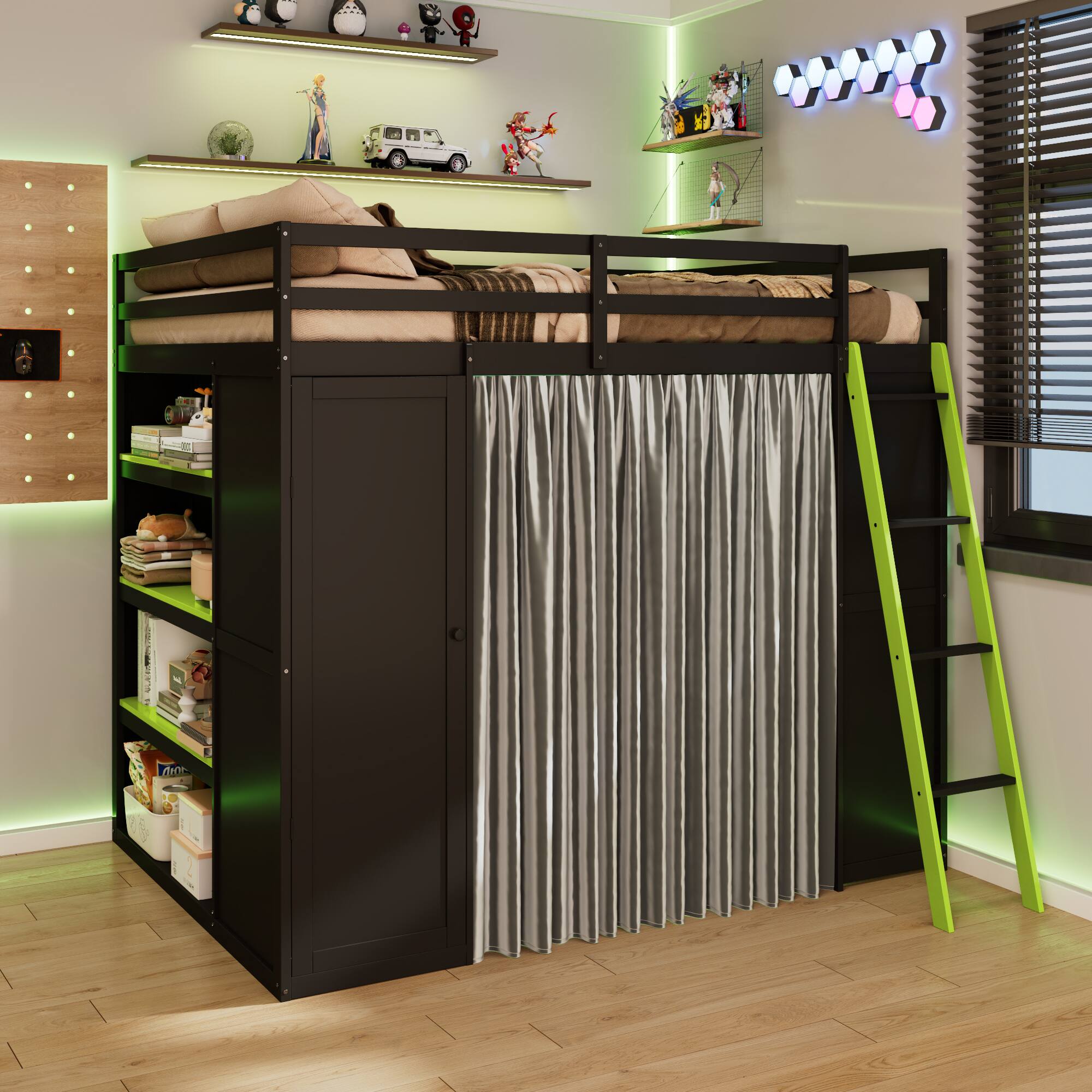 Angle. Anysun - Full Size Wood Loft Bed with,Wardrobe,Shelves,Blackout Curtains,and RGB Lights - Green.