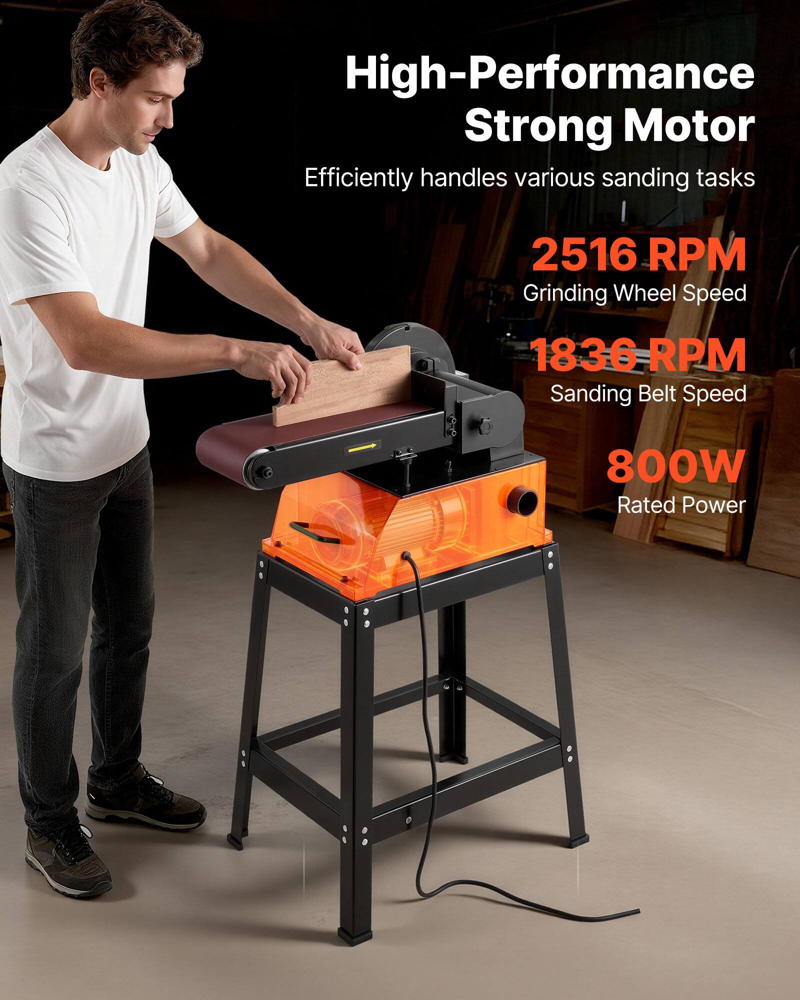 High-Performance Strong Motor  
Efficiently handles various sanding tasks  
2516 RPM Grinding Wheel Speed  
1836 RPM Sanding Belt Speed  
800W Rated Power