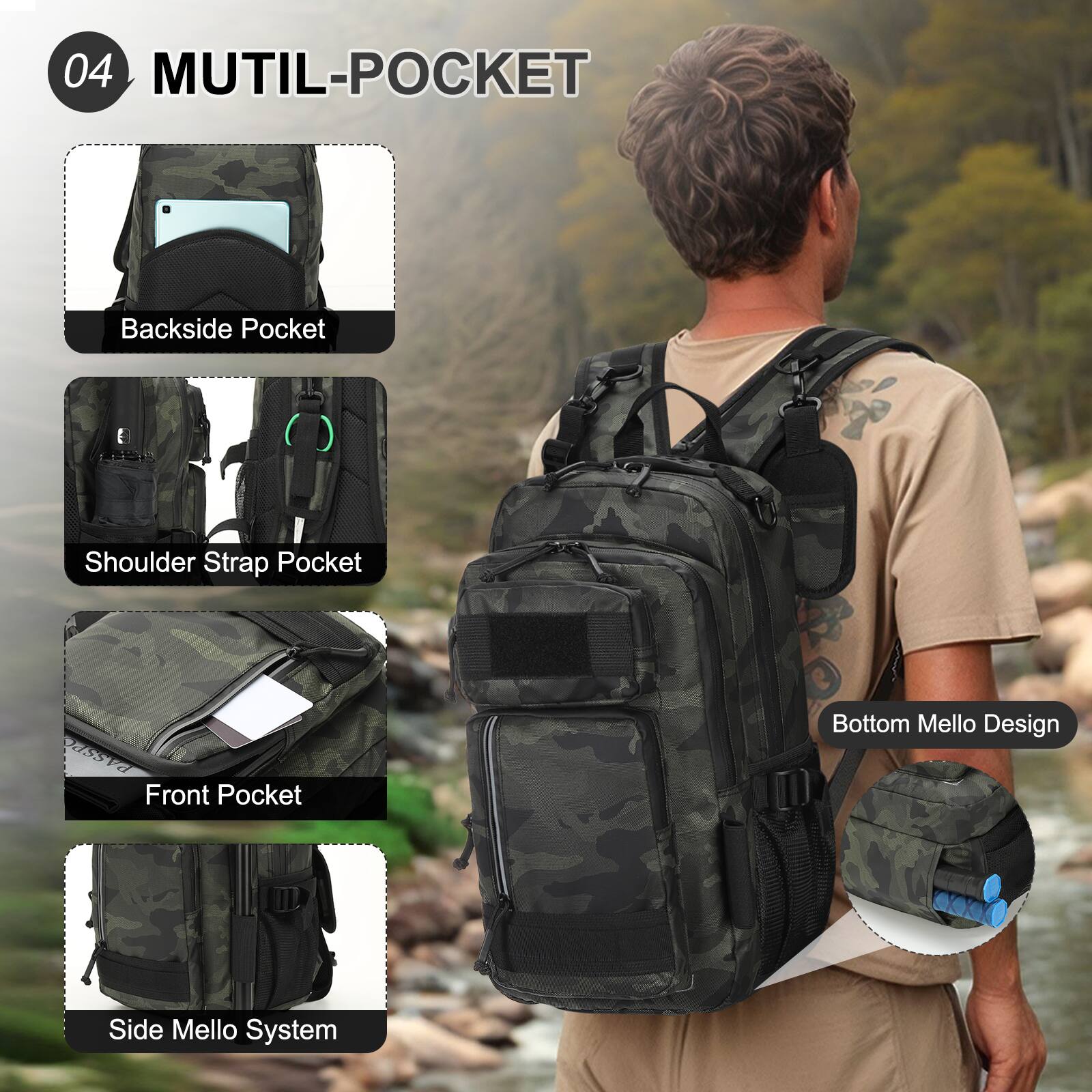 04 MUTIL-POCKET  
Backside Pocket  
Shoulder Strap Pocket  
Front Pocket  
Side Mello System  
Bottom Mello Design