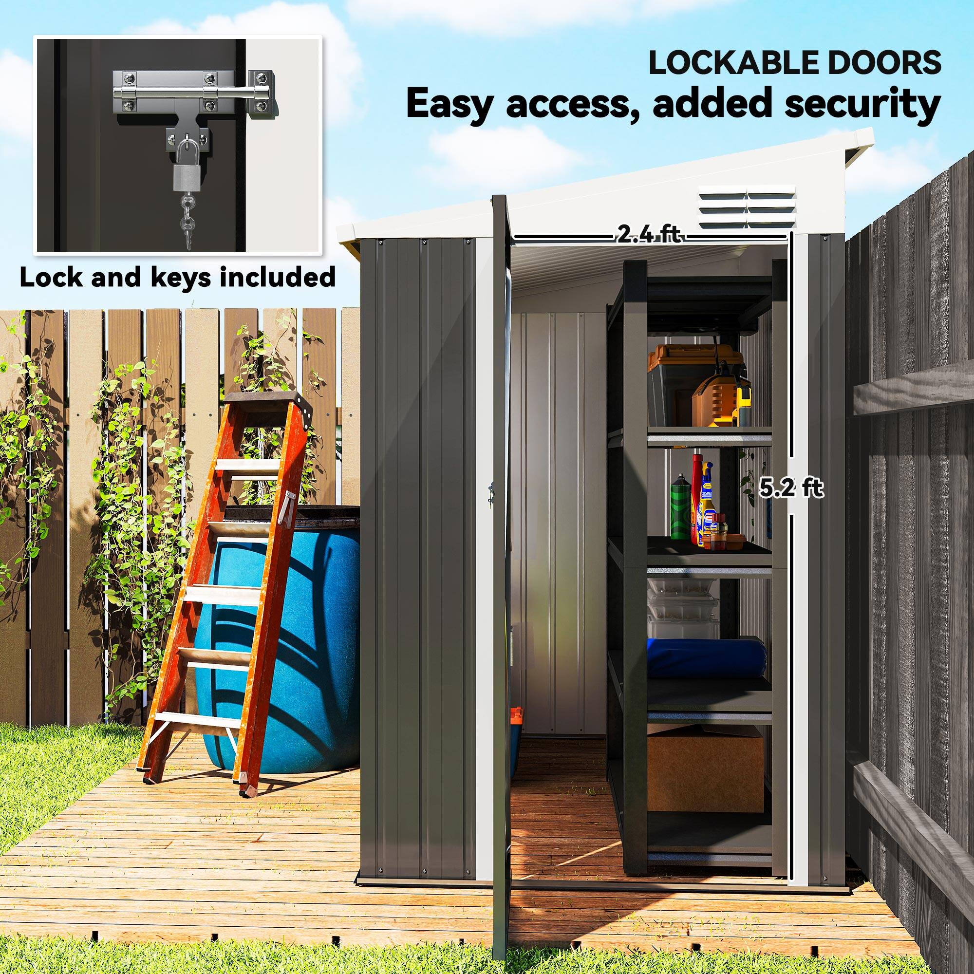 LOCKABLE DOORS  
Easy access, added security  

Lock and keys included  

2.4 ft  
5.2 ft