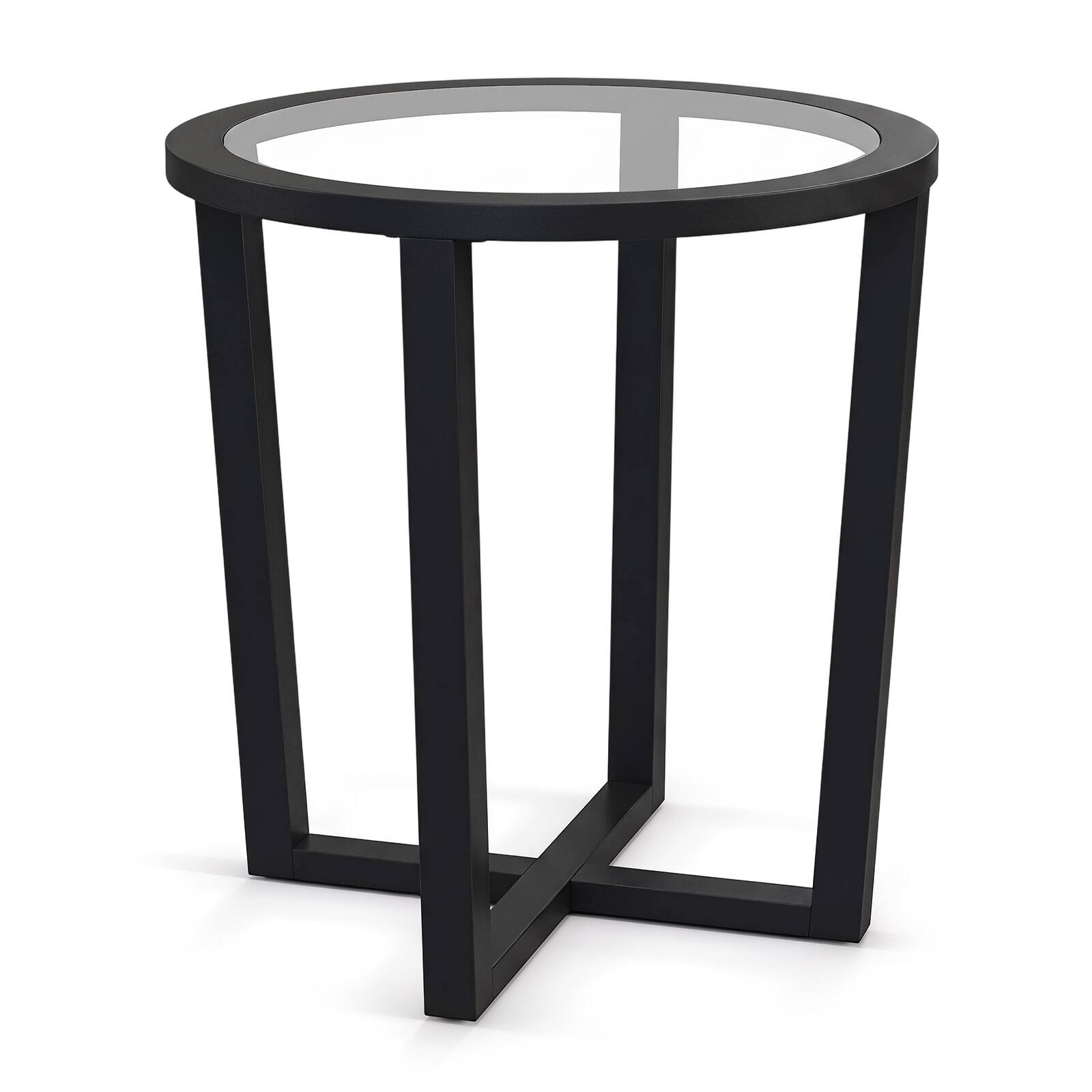 Alt View 8. Gymax - Gymax Modern Round End Table w/ Transparent Tempered Glass Top  Solid Acacia Wood Legs Black - Black.