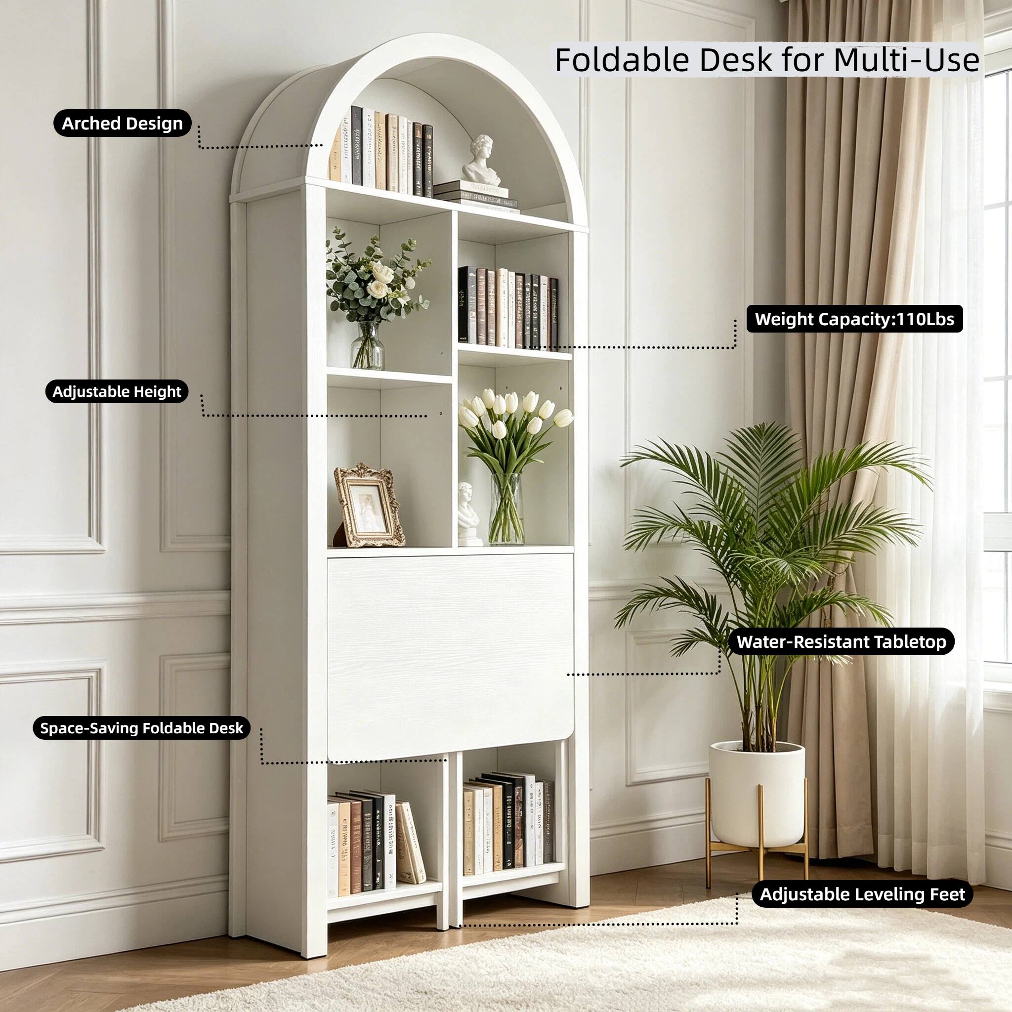 Foldable Desk for Multi-Use  
Arched Design  
Weight Capacity: 110Lbs  
Adjustable Height  
Water-Resistant Tabletop  
Space-Saving Foldable Desk  
1 Adjustable Leveling Feet