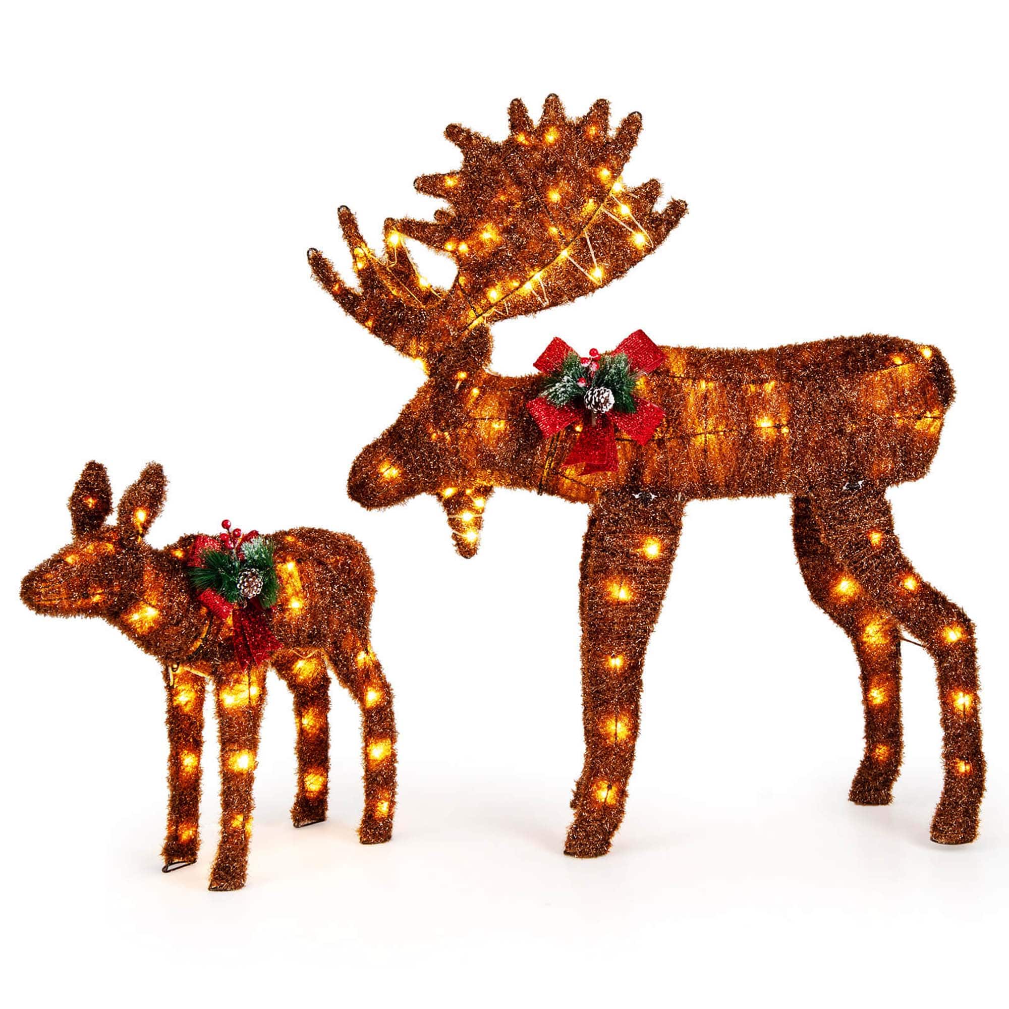 Front. Costway - Costway 2 PCS Lighted Moose Family Light-up Xmas Deer Decorations with 170 LED Lights - Brown.