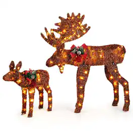 Costway - 2 PCS Lighted Moose Family Light-up Xmas Deer Decorations with 170 LED Lights - Brown