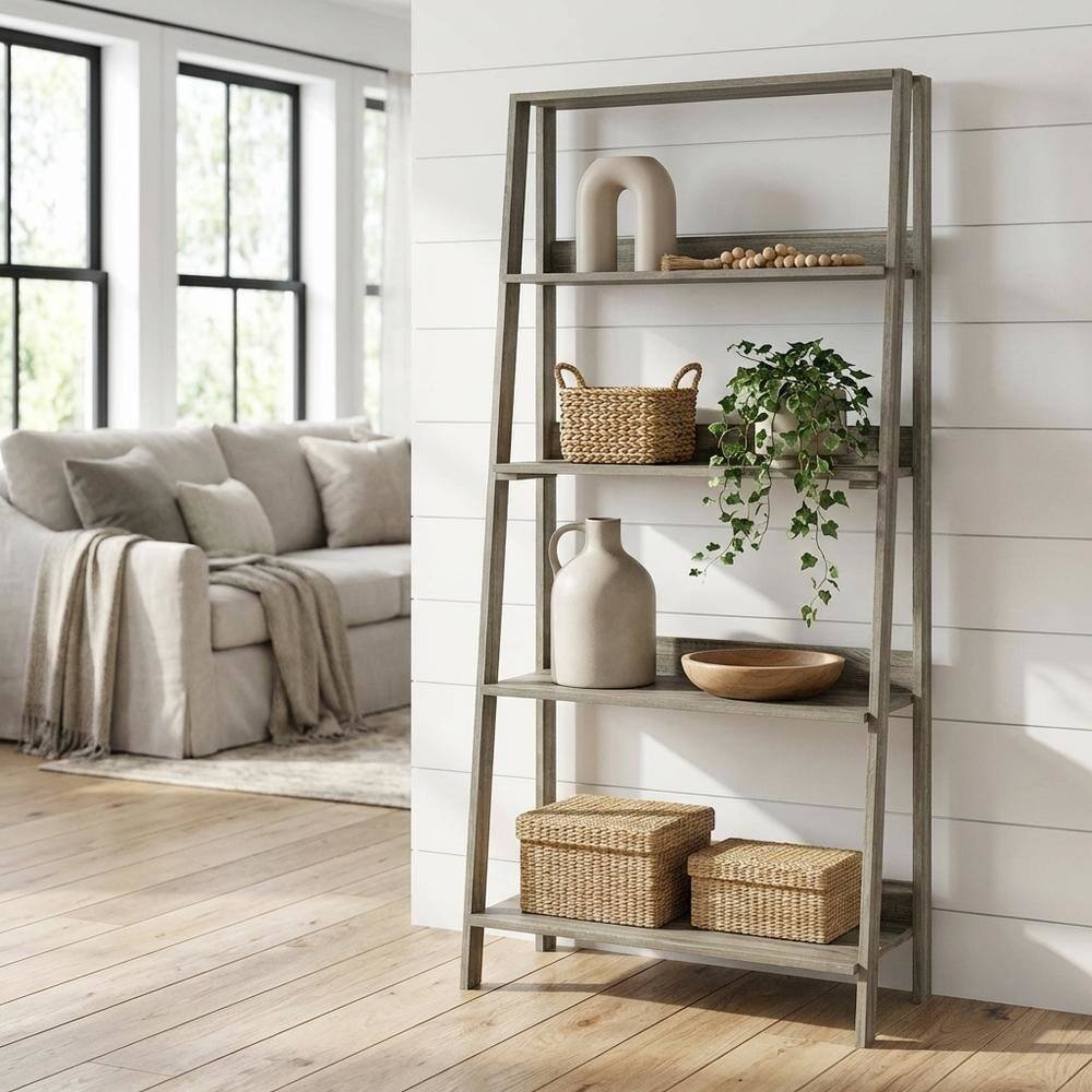Angle. FurniFact - Wooden 5-Tier Ladder Bookcase with French Oak Finish for Home Storage - French Oak.