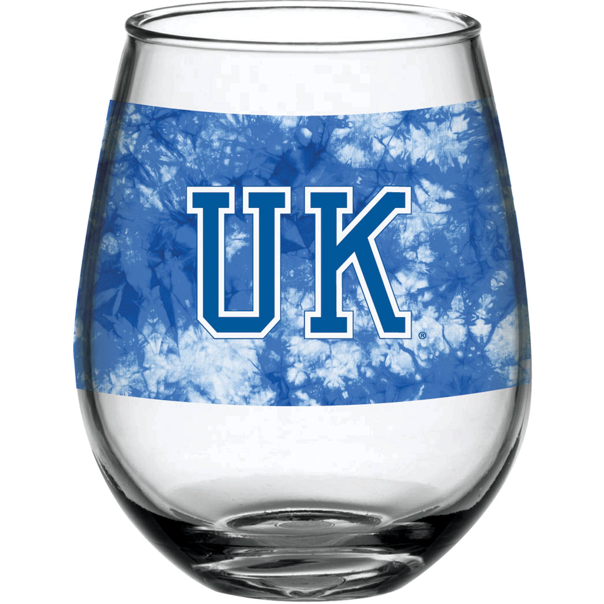 Front. Indigo Falls - Kentucky Wildcats 15oz. Vintage Tie-Dye Stemless Wine Glass - Multicolor.
