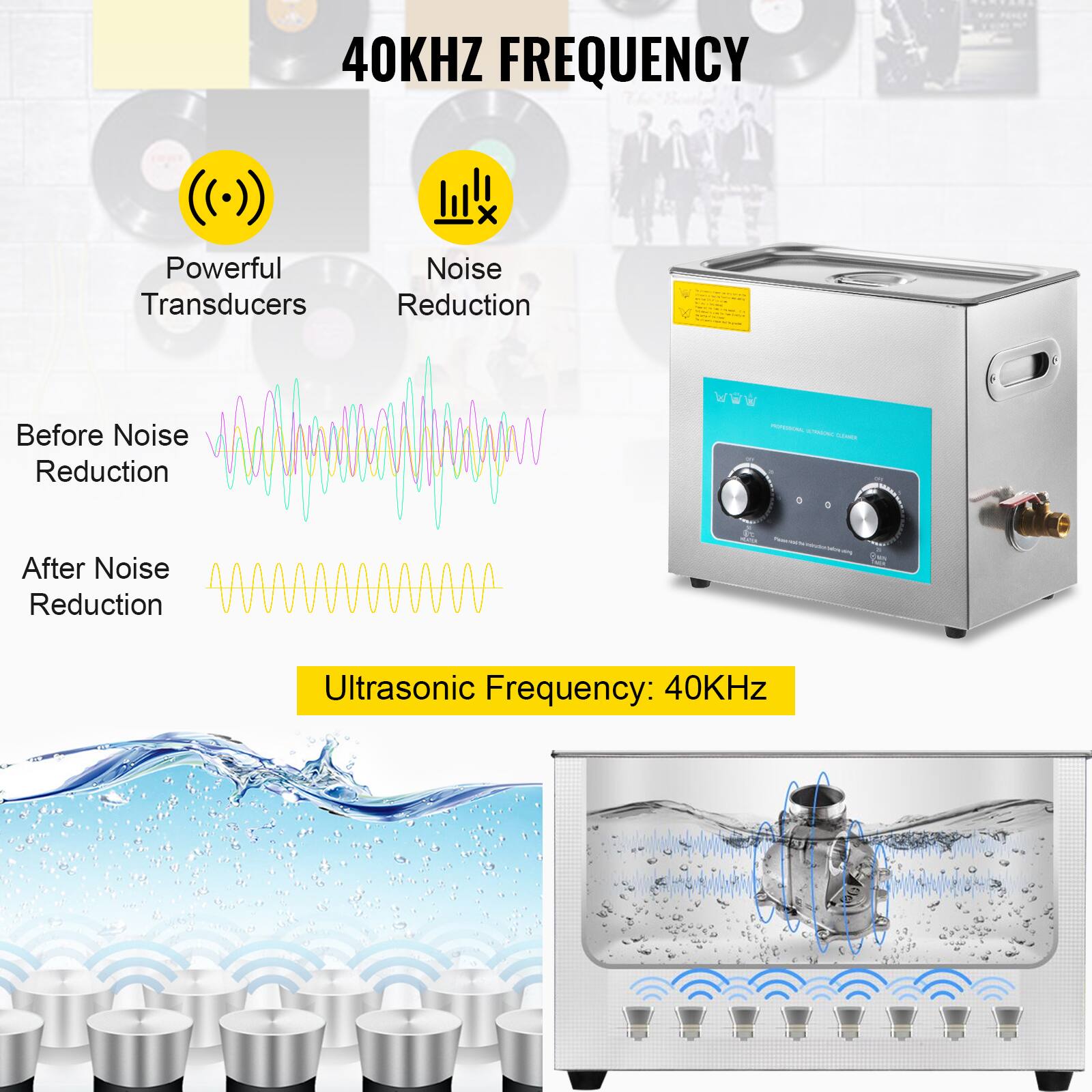 40KHZ FREQUENCY, Powerful Transducers, Noise Reduction, Before Noise Reduction - - CO, After Noise Reduction, Ultrasonic Frequency: 40KHz