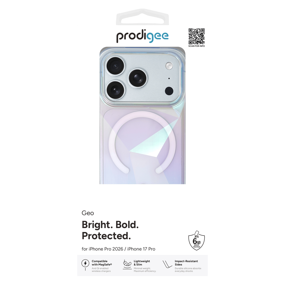 prodigee

SCAN FOR INFO

Geo
Bright. Bold. Protected.
for iPhone Pro 2026 / iPhone 17 Pro

Compatible with MagSafe® And Q-enabled wireless chargers
Lightweight & Slim
Minimal weight Maximum efficiency.
Impact-Resistant Sides
Durable silicone absorbs everyday shocks