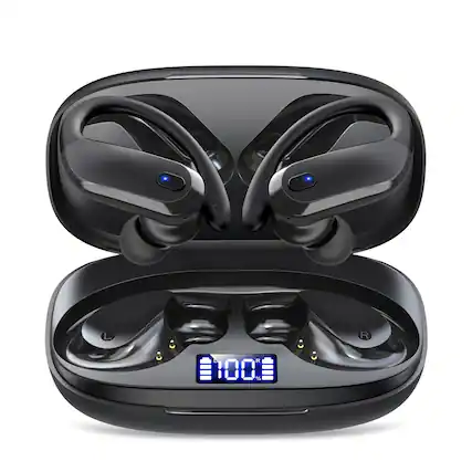 Front. Trigiz - Sports Wireless Earbuds Bluetooth 5.4: Earhooks, IPX7, 7.8g Light, 80H Playtime, Noise Cancelling Mic (Gym/Running) - Black.